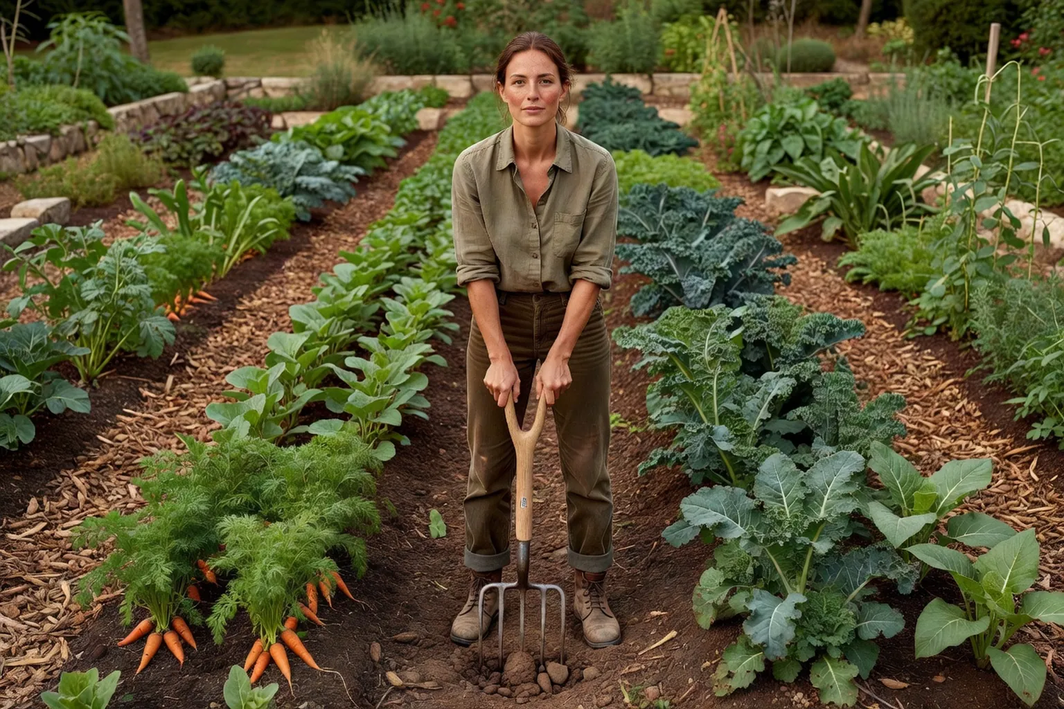 Une jardinière utilise une grelinette dans une planche de potager paillée, entre des rangs de légumes, en gardant le dos droit.
