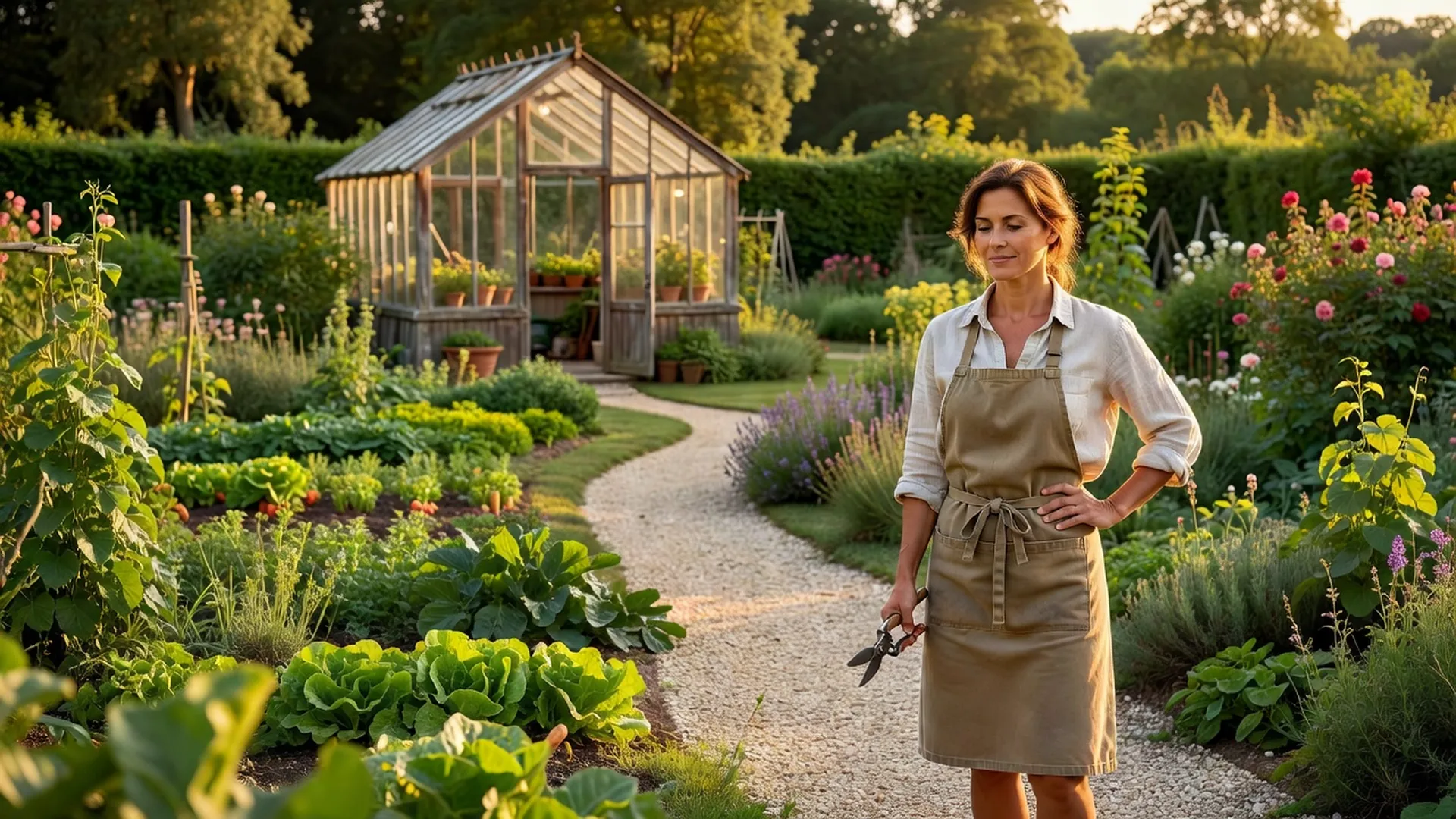 Une jardinière en chemise de lin et tablier, sécateur en main, sur l'allée de gravier d'un potager fleuri, devant une ancienne serre en bois et verre, à la lumière dorée de fin de journée.