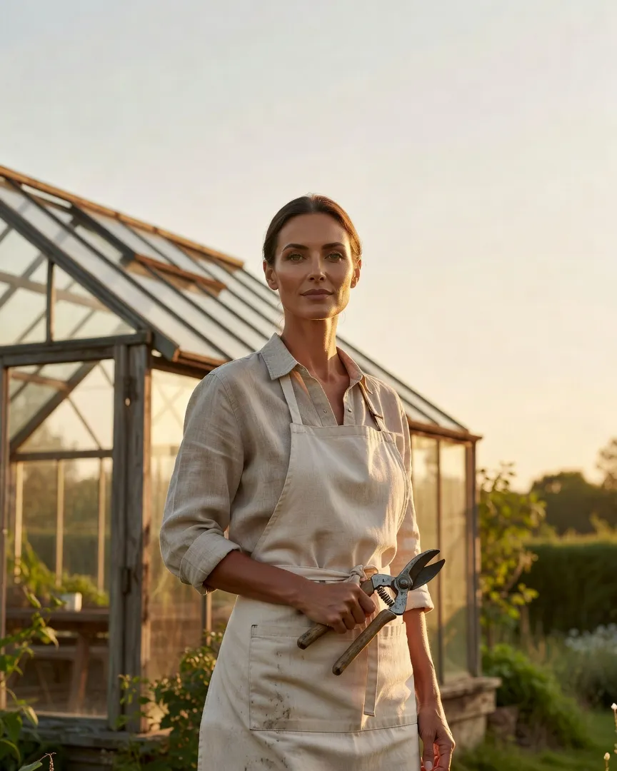 Une jardinière en chemise de lin et tablier tient un sécateur devant une ancienne serre en bois et verre, à la lumière dorée de fin de journée.