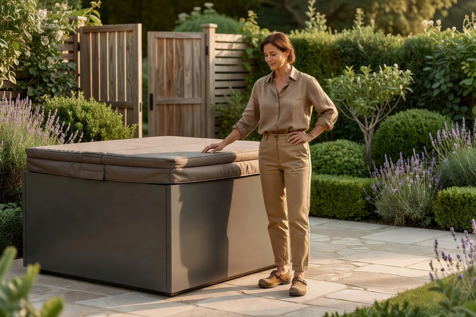 Une femme adulte en tenue de jardinage soignée vérifie la couverture d'un spa installé sur une terrasse en pierre dans un jardin français paysagé.