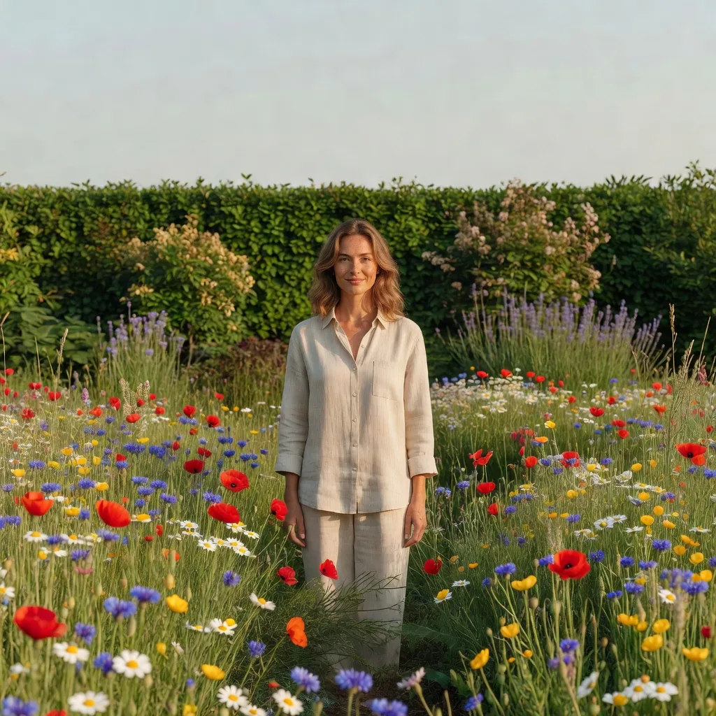 Jardin écologique avec haie diversifiée, massif paillé et cheminement enherbé