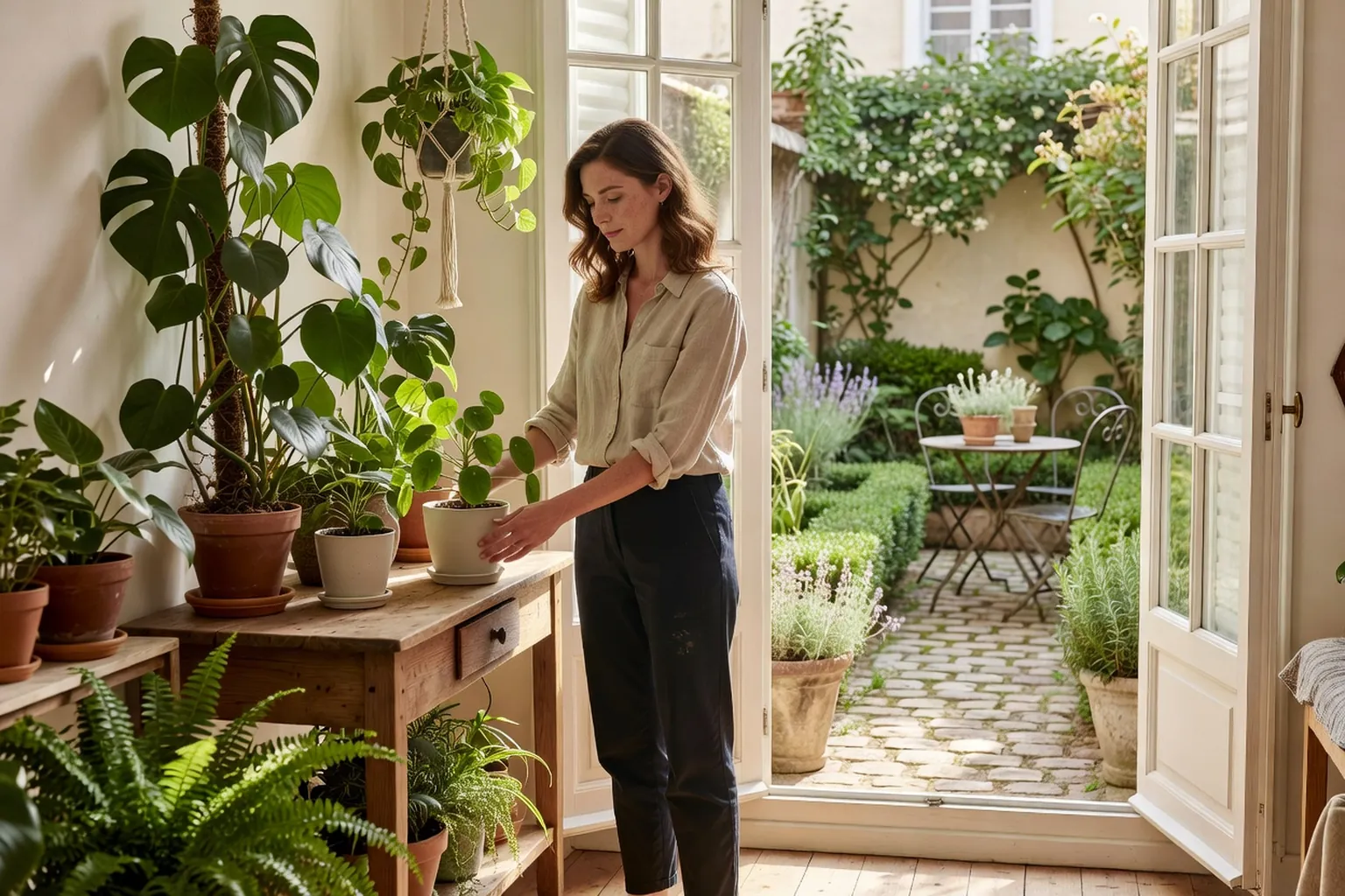 Femme adulte en tenue de jardinage soignée installant un pilea sur une console près d'une fenêtre lumineuse, avec un jardin français en arrière-plan.