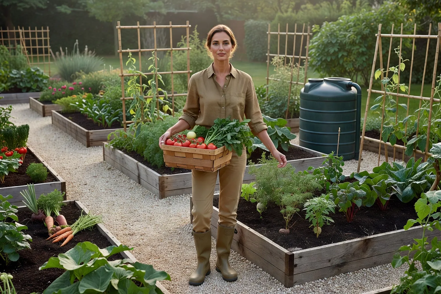 Une femme adulte en tenue de jardinage soignée récolte des légumes dans un potager extérieur structuré par des allées et des bacs.