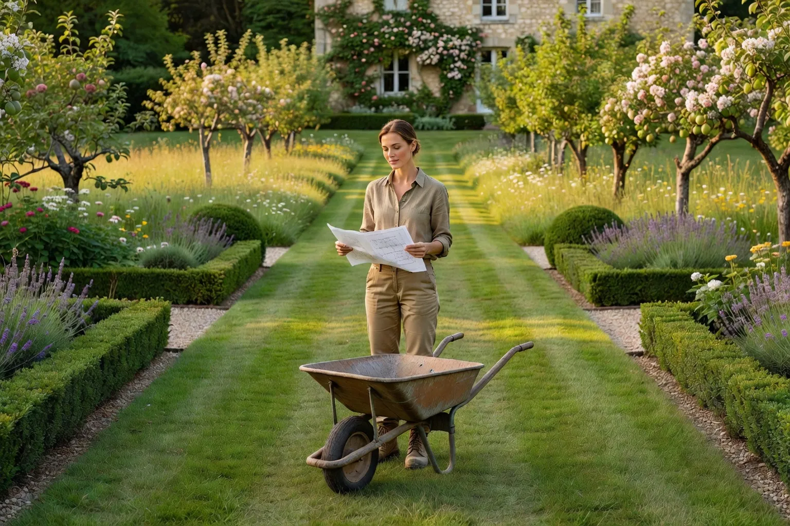 Une jardinière adulte consulte un plan près d'une brouette, au bord d'une allée tondue qui traverse un grand jardin français vers un verger.