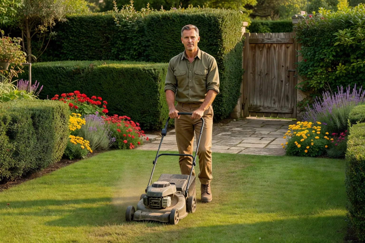 Un homme en tenue de jardinage soignée tond une pelouse avec une tondeuse thermique dans un jardin français bordé de massifs et de haies.