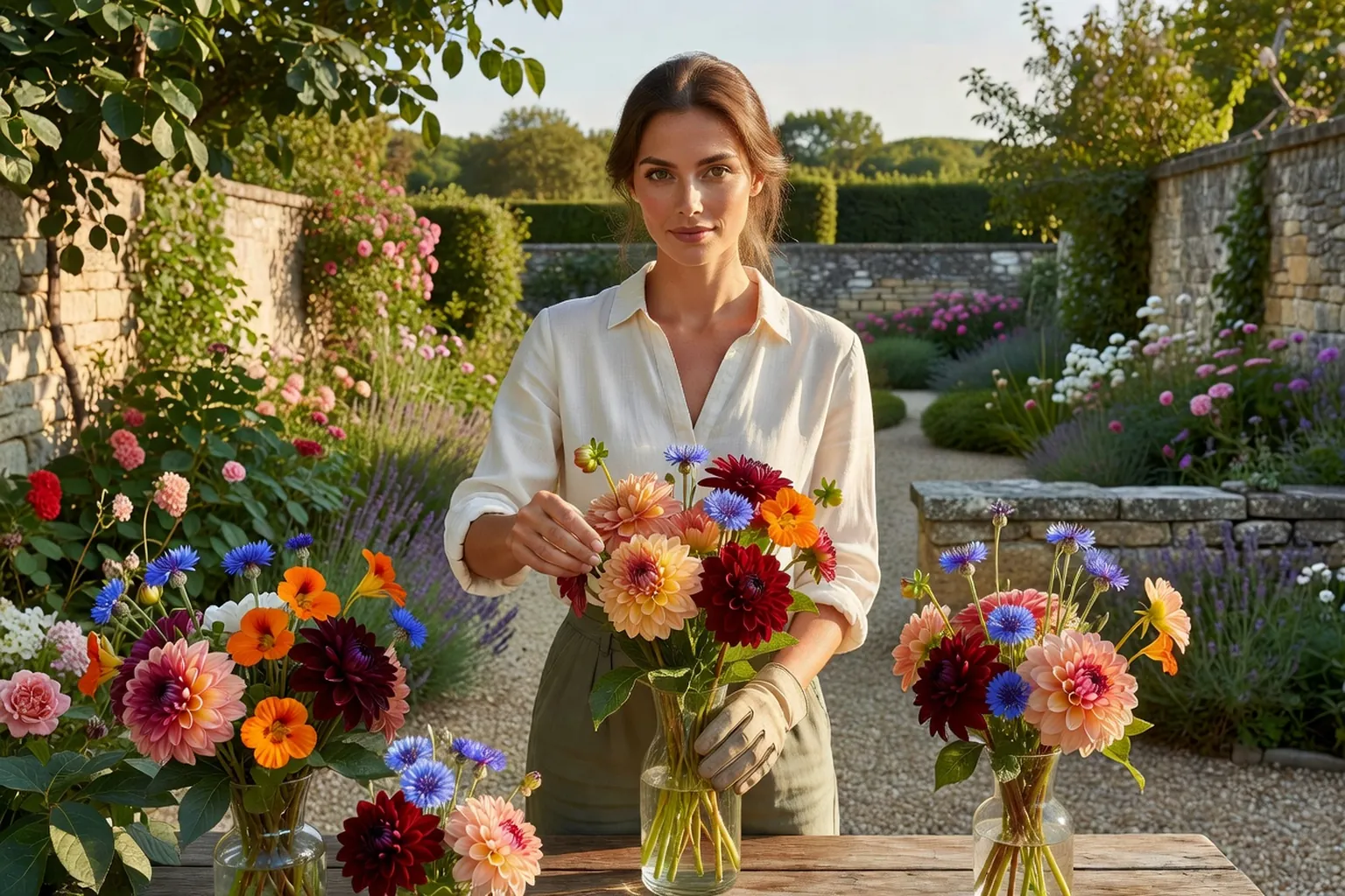Une femme adulte élégante compose un bouquet de fleurs du jardin sur une table en bois, parmi des dahlias, des capucines et des bleuets.