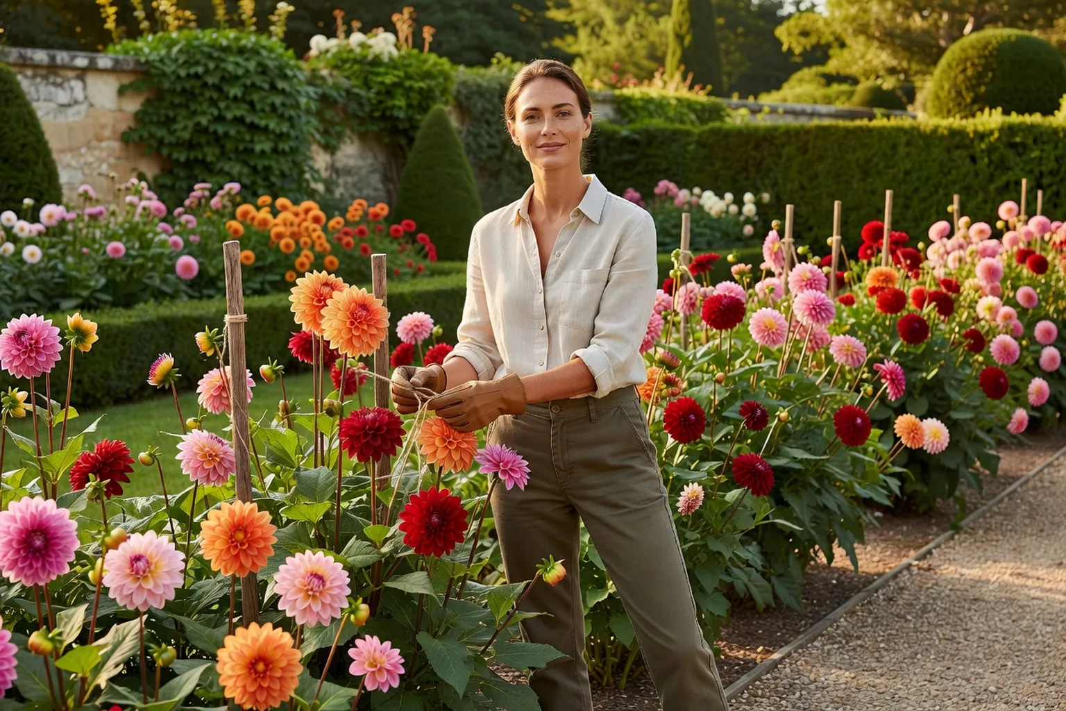 Femme adulte en tenue de jardinage soignée attachant des tiges de dahlias fleuris à des tuteurs dans un massif ensoleillé.
