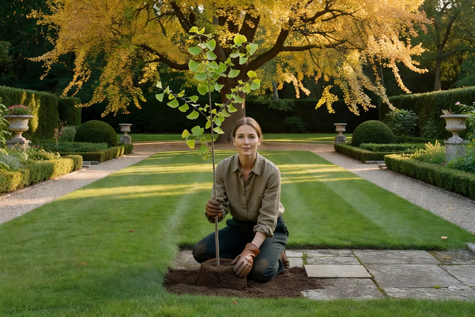 Femme adulte en tenue de jardinage soignée installant un jeune ginkgo dans un jardin français, avec un arbre au feuillage jaune en arrière-plan.