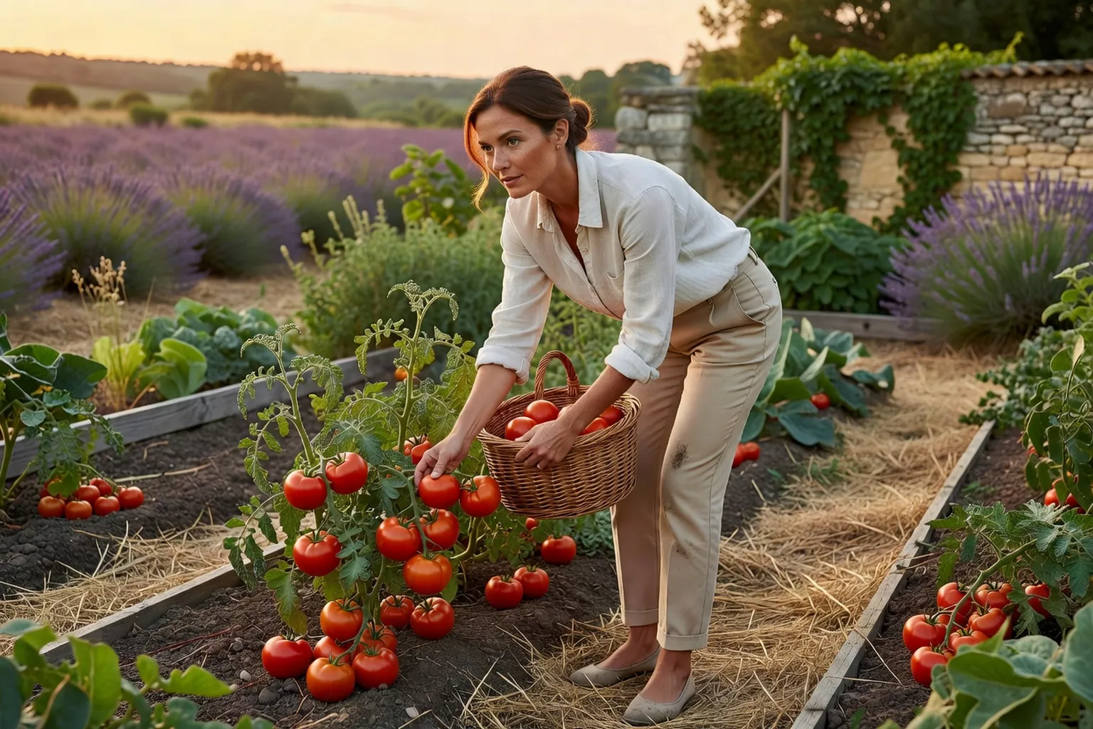 Une femme adulte en tenue de jardinage soignée récolte des tomates mûres dans un potager paillé d'un jardin français en août.