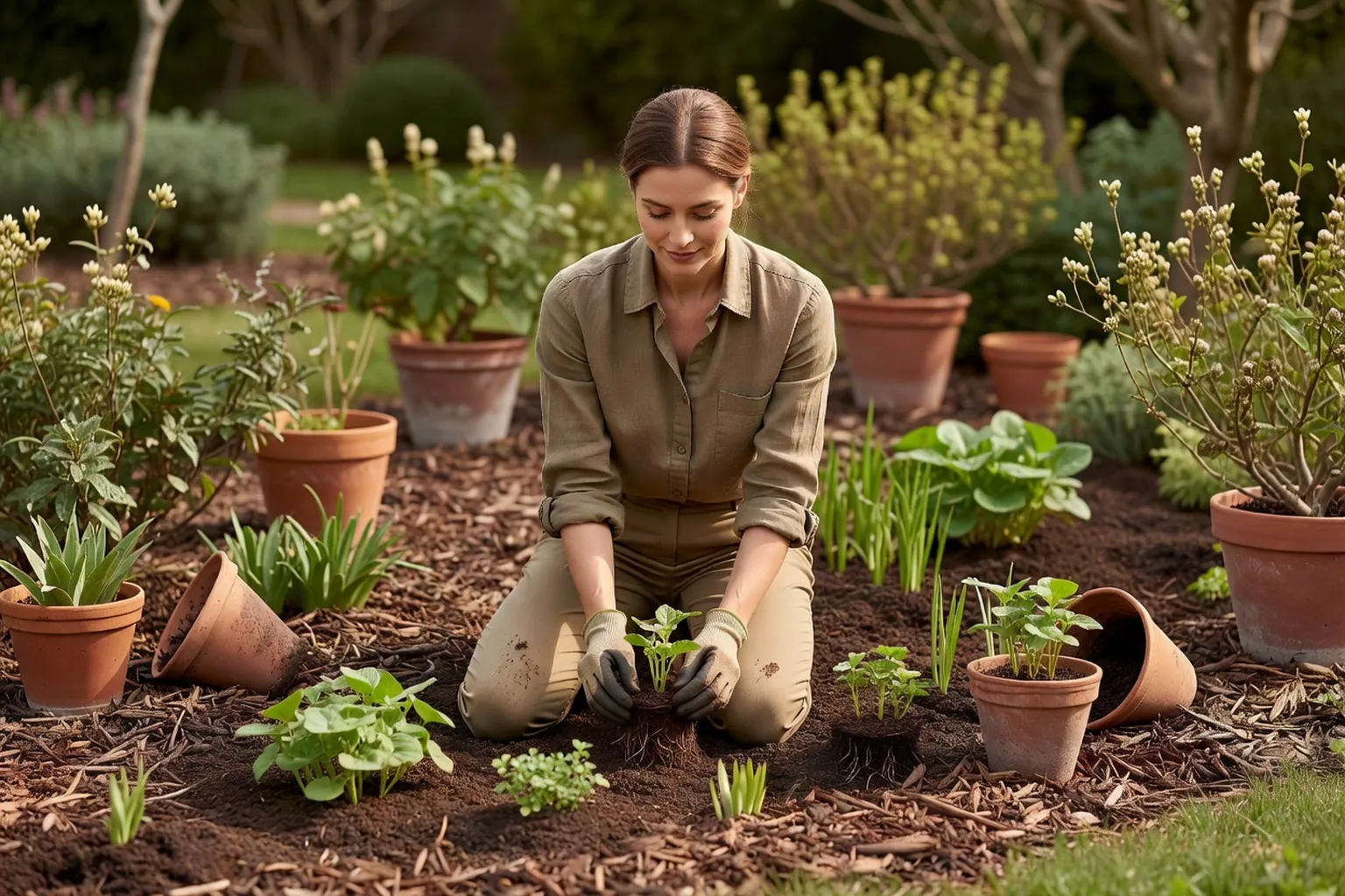 Une jardinière en tenue soignée plante de jeunes fleurs dans un massif d'un jardin français au printemps.