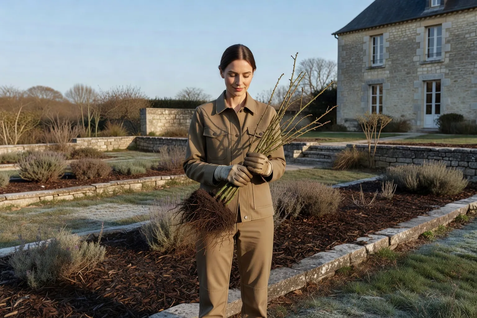 Femme adulte en tenue de jardinage soignée examinant des rosiers à racines nues dans un jardin français en février.