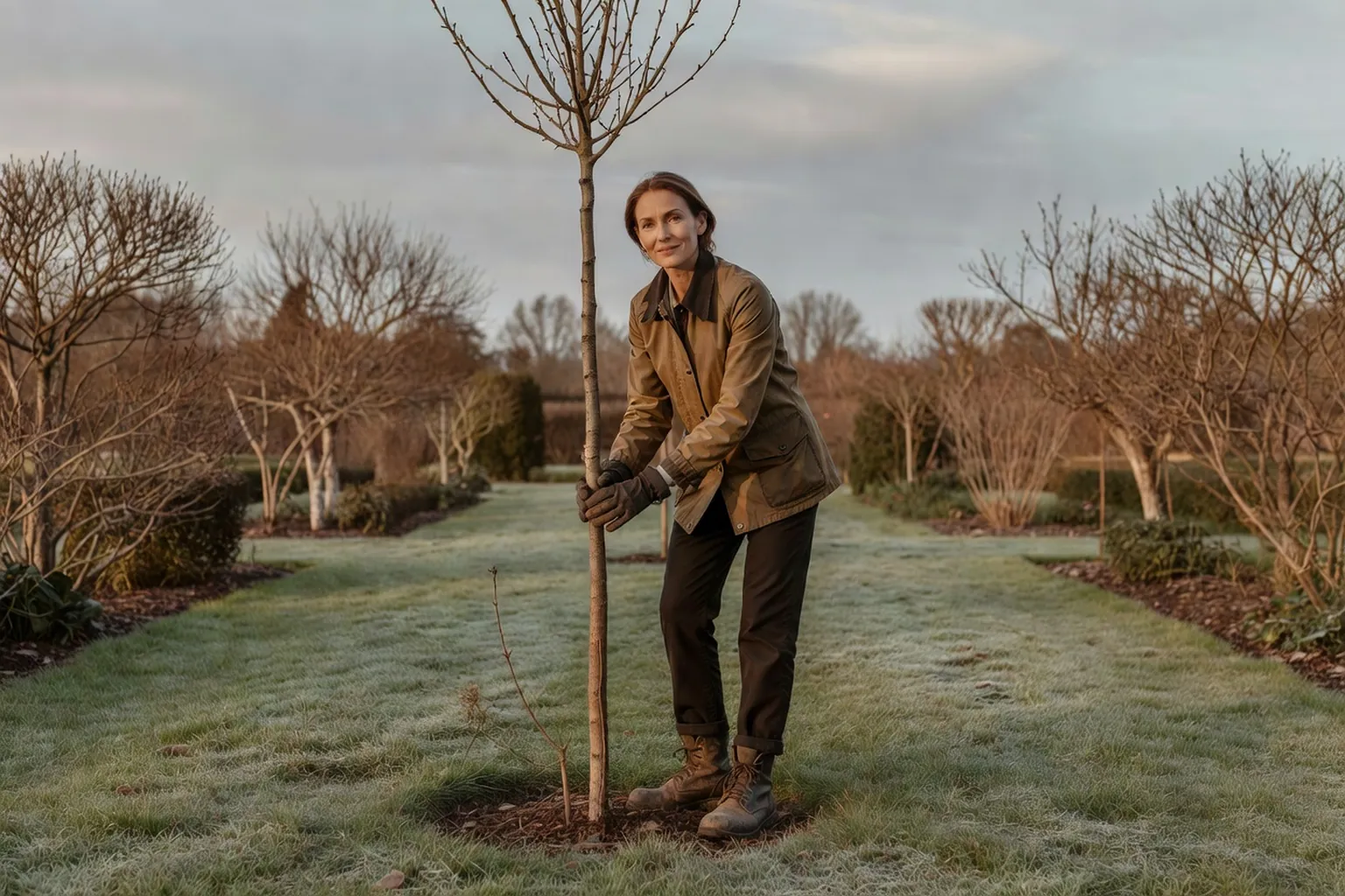 Femme en tenue de jardinage soignée vérifiant le tuteur d'un jeune arbre dans un jardin français en janvier.