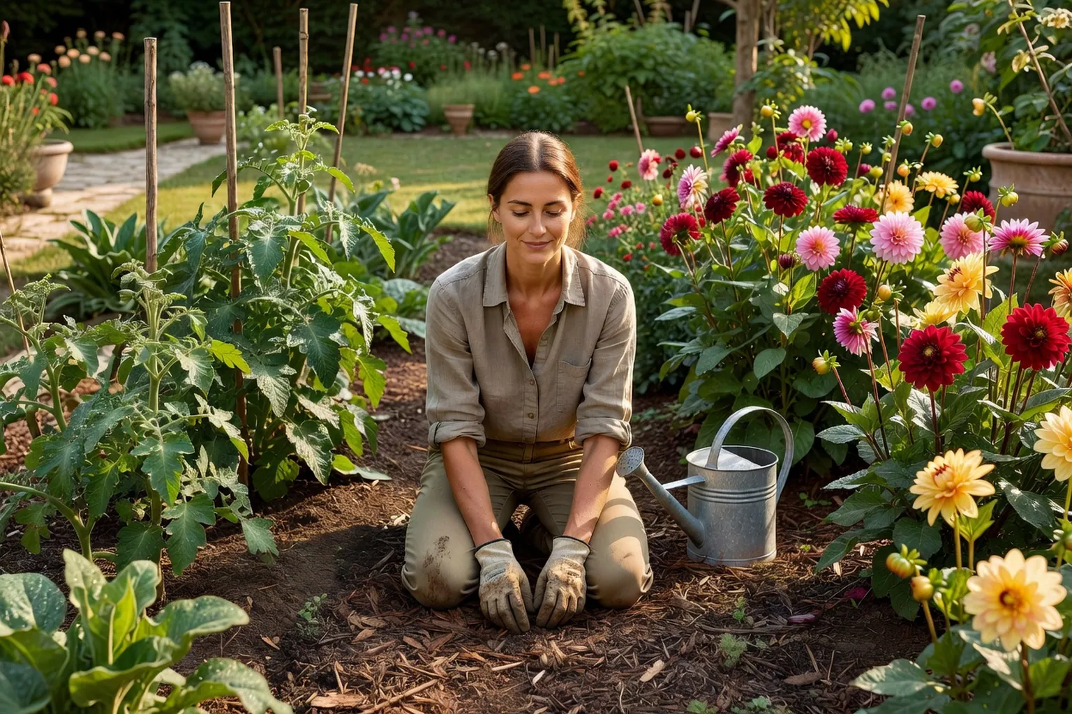 Une femme adulte en tenue de jardinage soignée vérifie l'humidité de la terre sous un paillage, près d'un potager et de massifs fleuris.