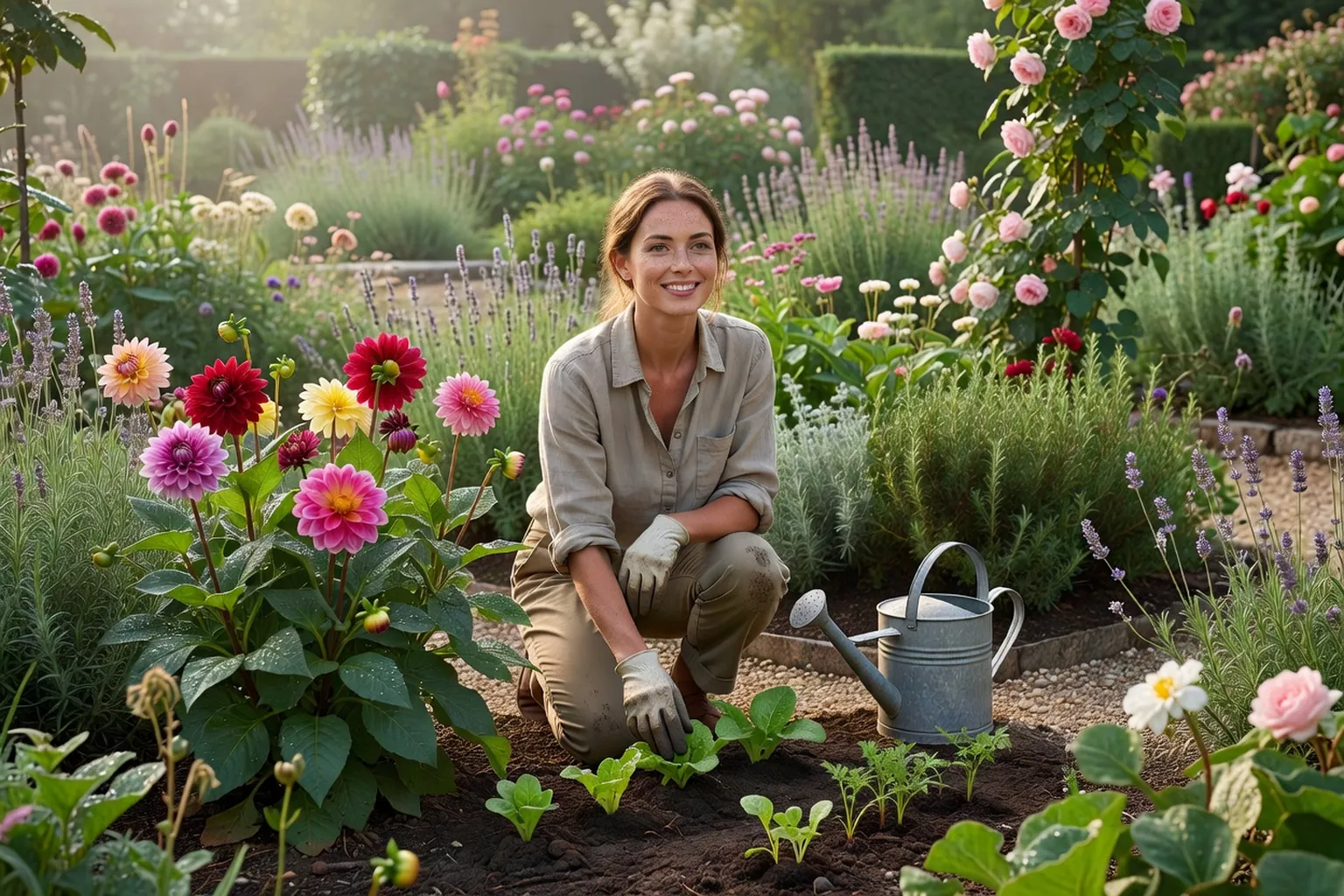 Une jardinière en tenue soignée vérifie l'humidité du sol près de dahlias en fleurs et de jeunes plantations dans un jardin français.