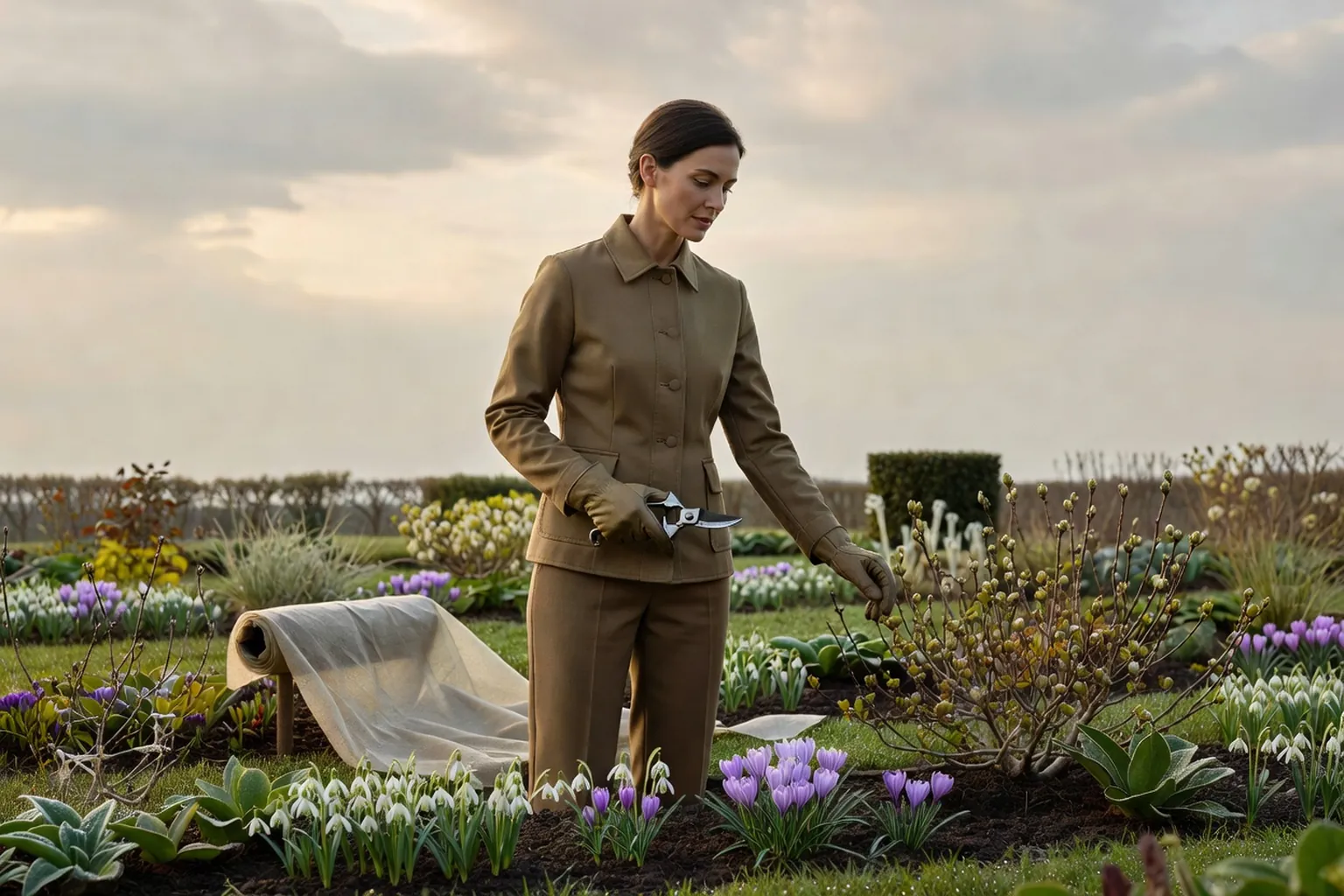 Une jardinière adulte inspecte un massif de printemps dans un jardin français, près de bulbes en fleurs et d'arbustes encore peu feuillés.