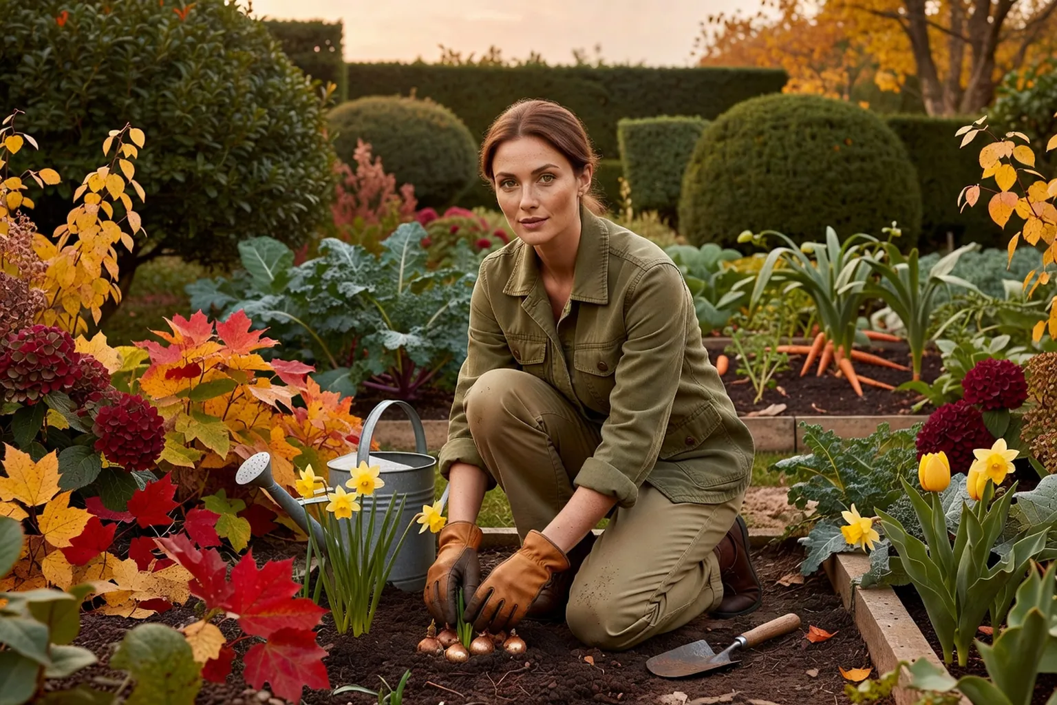 Une jardinière plante des bulbes dans un massif d'un jardin français en automne, près de feuillages colorés et de jeunes arbustes.