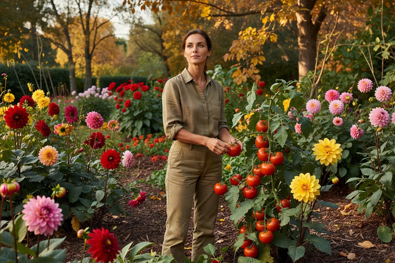 Femme adulte en tenue de jardinage soignée récoltant des tomates près d'un massif de dahlias dans un jardin français en septembre.