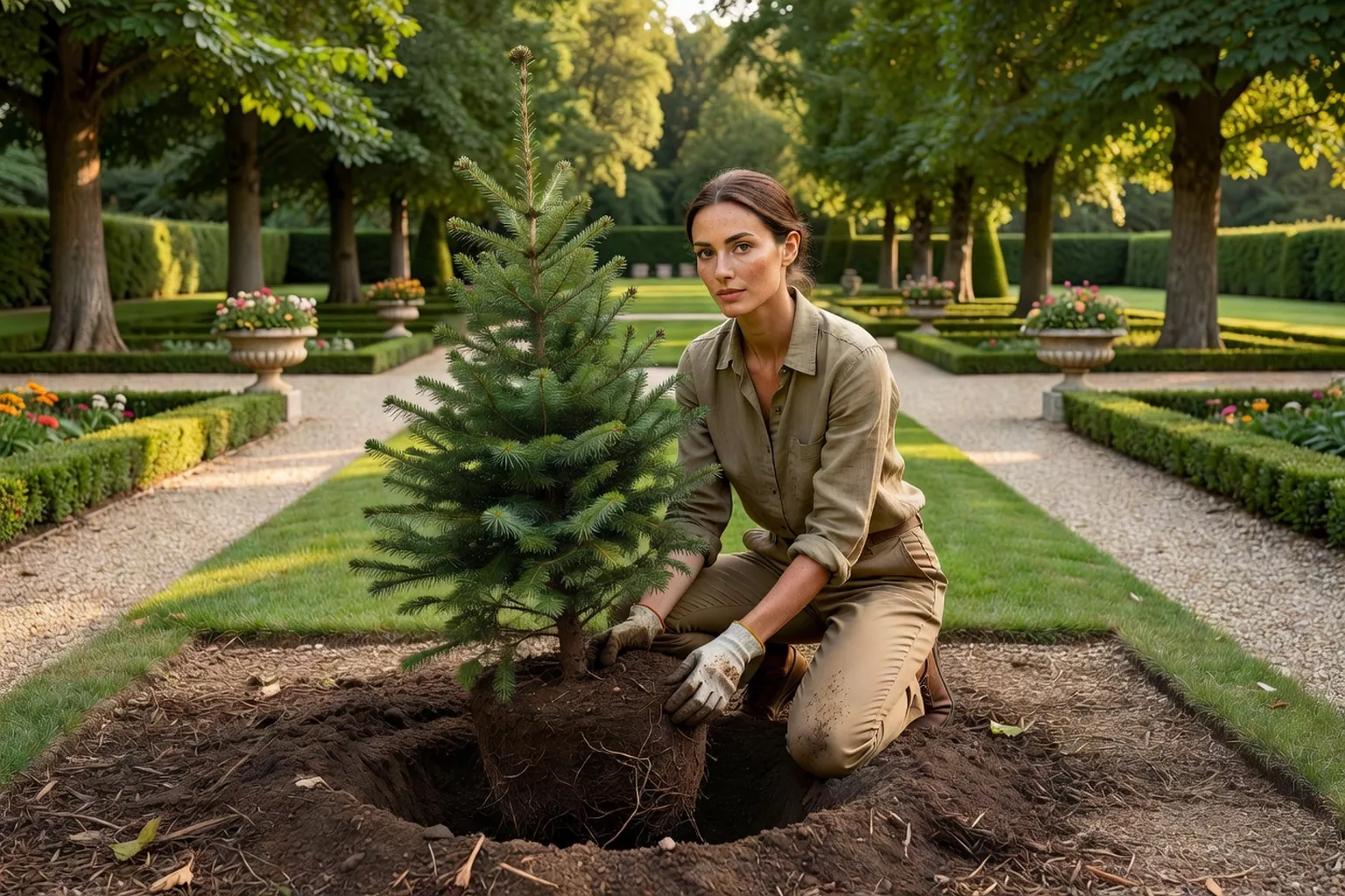 Une femme adulte en tenue de jardinage soignée plante un jeune sapin dans un grand jardin français, près d'un paillage.