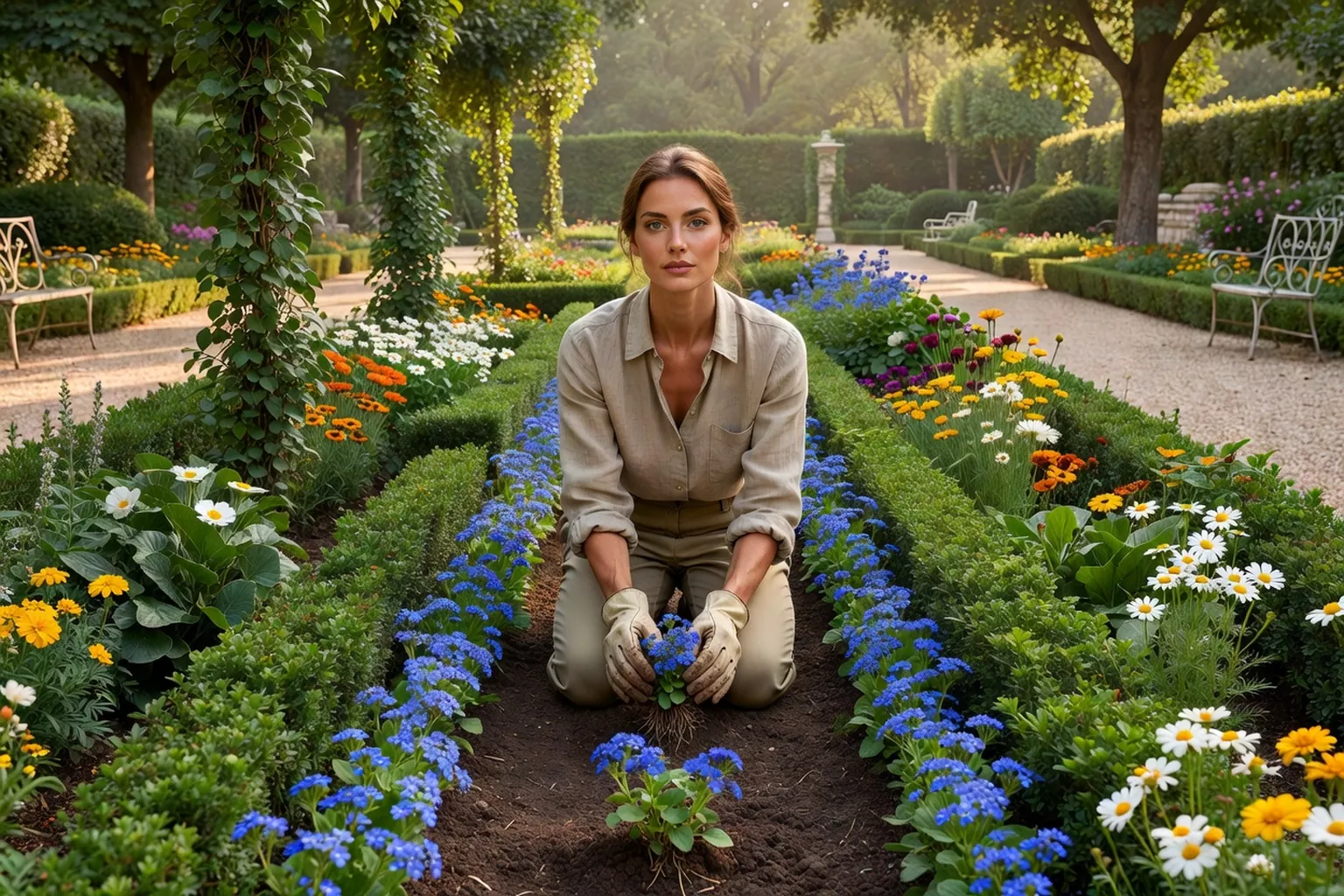 Une jardinière élégante plante des agérates bleues au premier plan d'une bordure fleurie dans un jardin français en été.