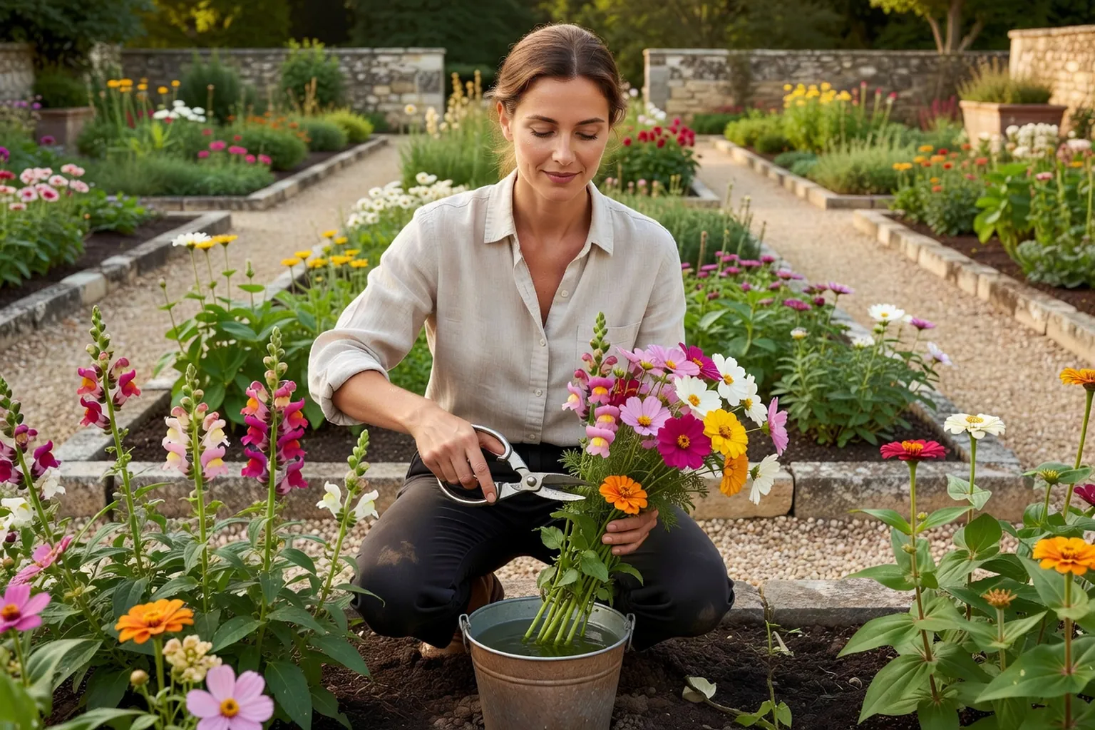 Une jardinière élégante récolte des cosmos, zinnias et mufliers dans un jardin français, avec un sécateur et un seau d'eau.