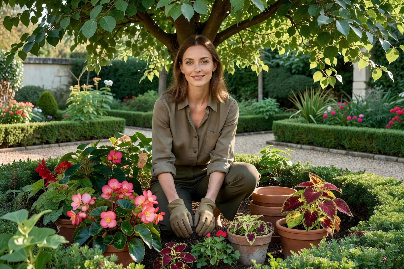 Une jardinière en tenue soignée plante des bégonias et des coléus dans un massif en mi-ombre, sous un arbre dans un jardin français.