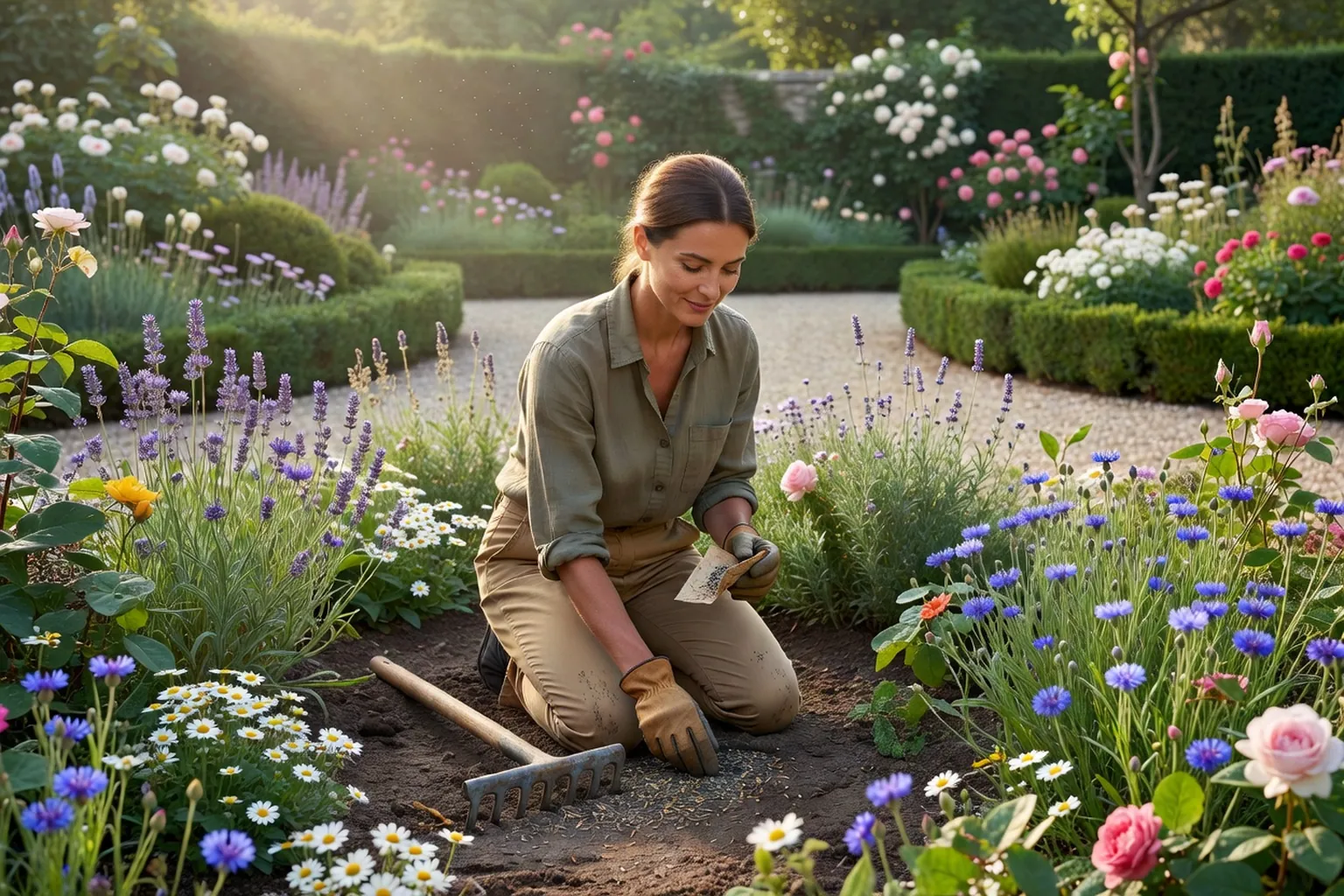 Une jardinière sème des centaurées dans une bordure ensoleillée d'un jardin français, près d'un massif aux lignes naturelles.