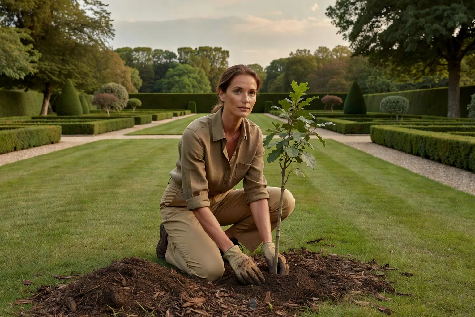 Une femme adulte en tenue de jardinage soignée plante un jeune chêne dans une zone dégagée d'un jardin français.