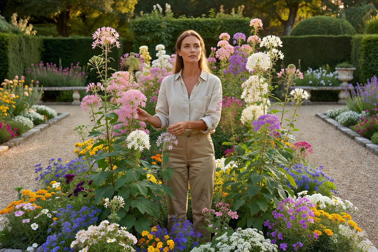 Une jardinière en tenue soignée observe des cléomes roses, blancs et pourpre-lilas dans un massif ensoleillé.