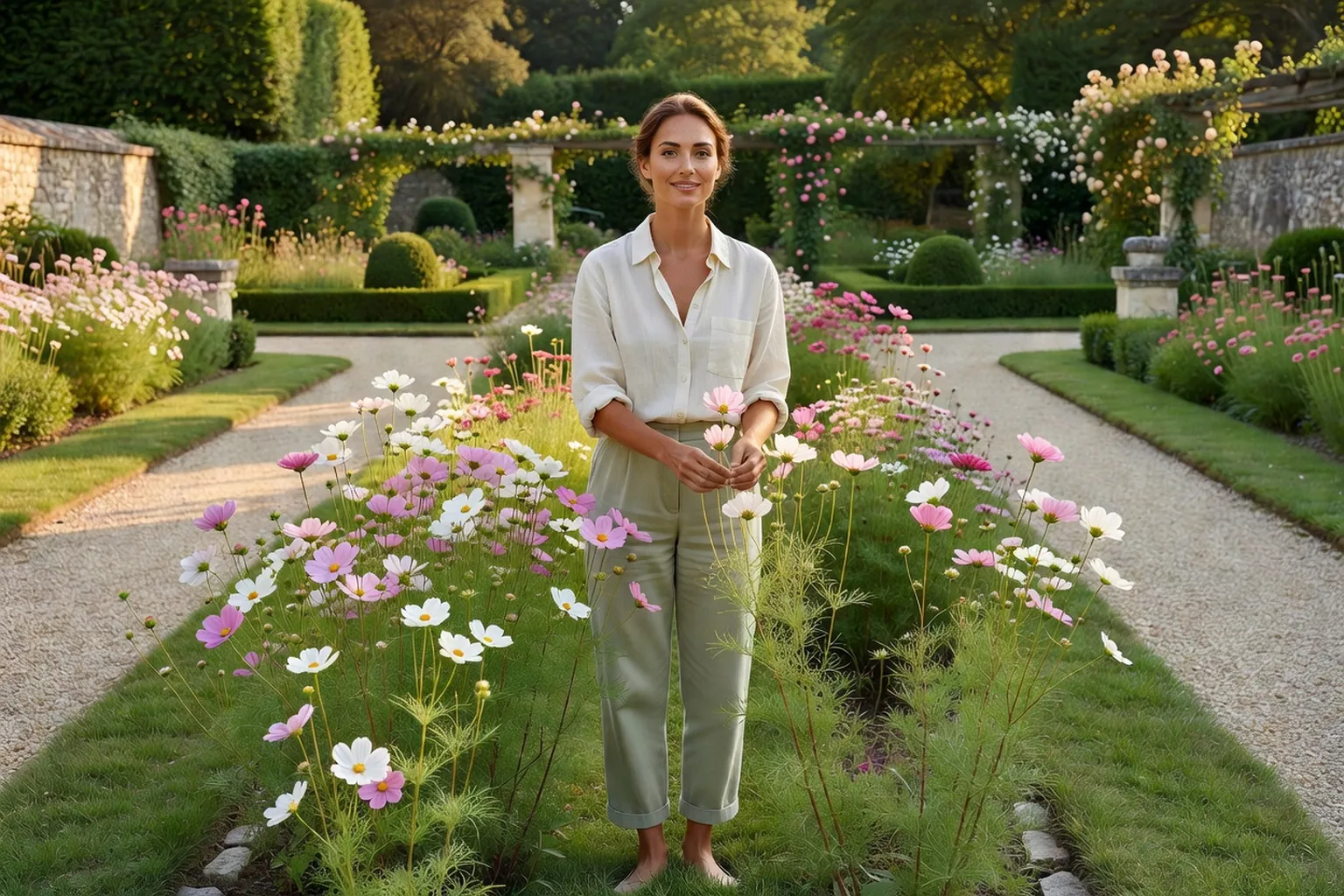 Femme adulte en tenue de jardinage soignée cueillant des cosmos roses et blancs dans un massif ensoleillé d'un jardin français.
