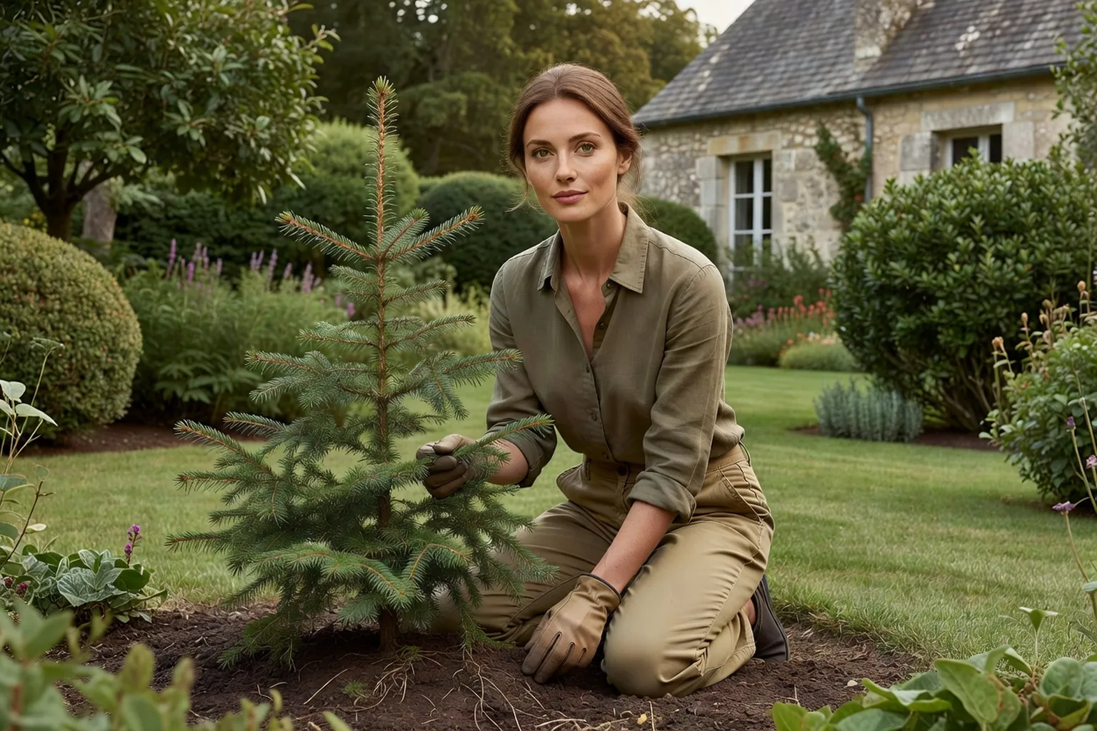 Une jardinière examine un jeune épicéa aux branches basses dans un jardin français dégagé.