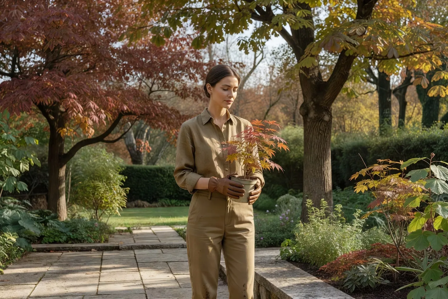 Une femme en tenue de jardinage soignée observe l'emplacement d'un jeune érable japonais près d'une terrasse dans un jardin français.