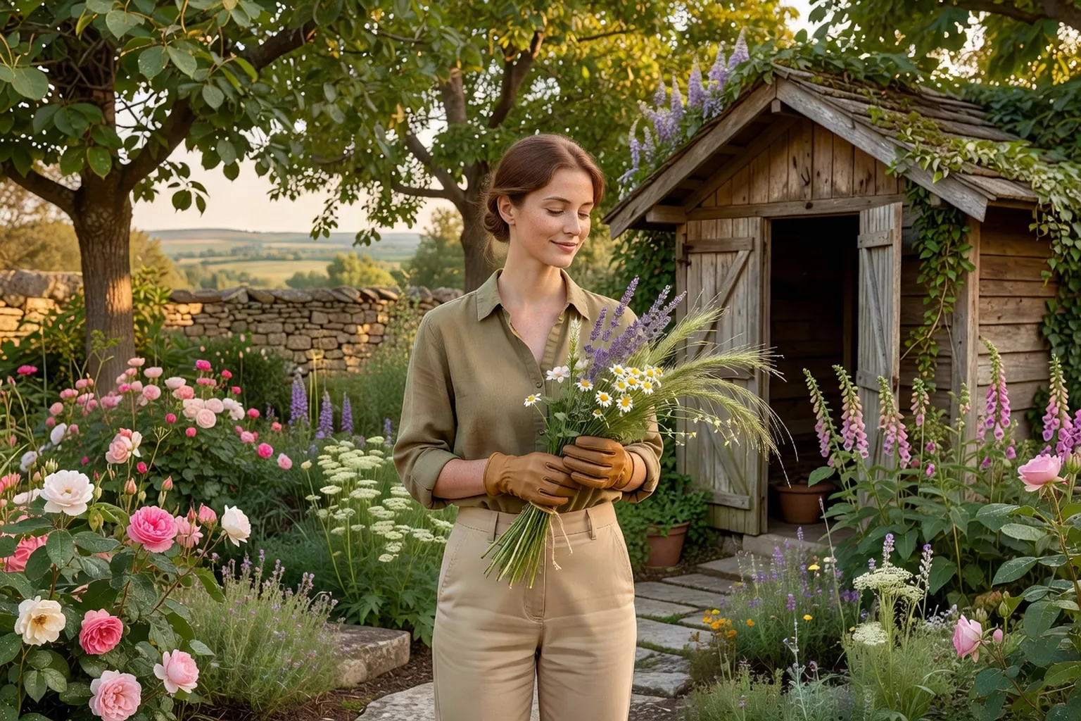 Une femme adulte en tenue de jardinage soignée tient un petit bouquet de fleurs et de graminées fraîchement coupées dans un jardin français.