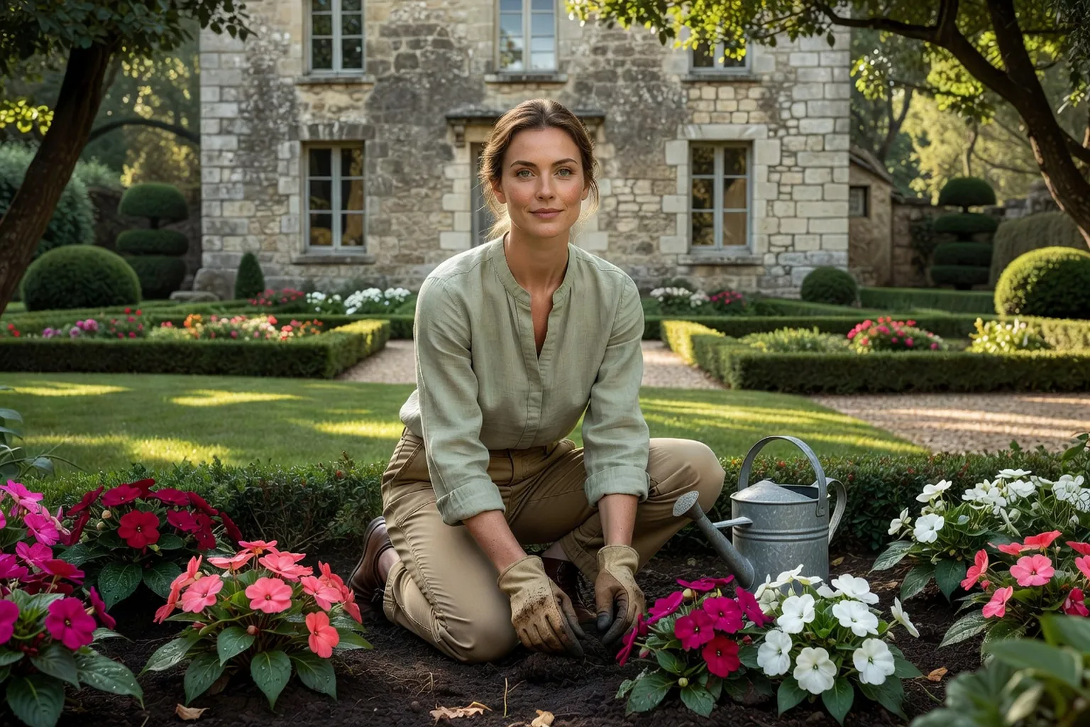 Une femme adulte en tenue de jardinage soignée plante des impatientes roses et blanches dans un massif ombragé près d'une façade en pierre.