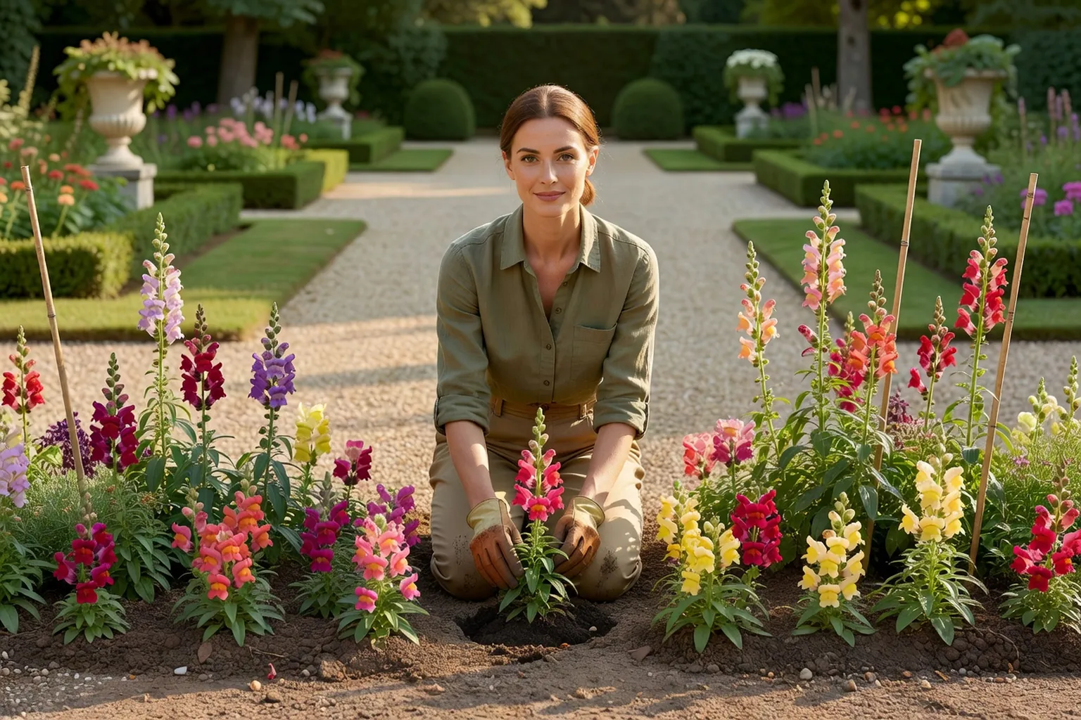 Une femme en tenue de jardinage soignée plante des mufliers colorés dans un massif ensoleillé d'un jardin français.