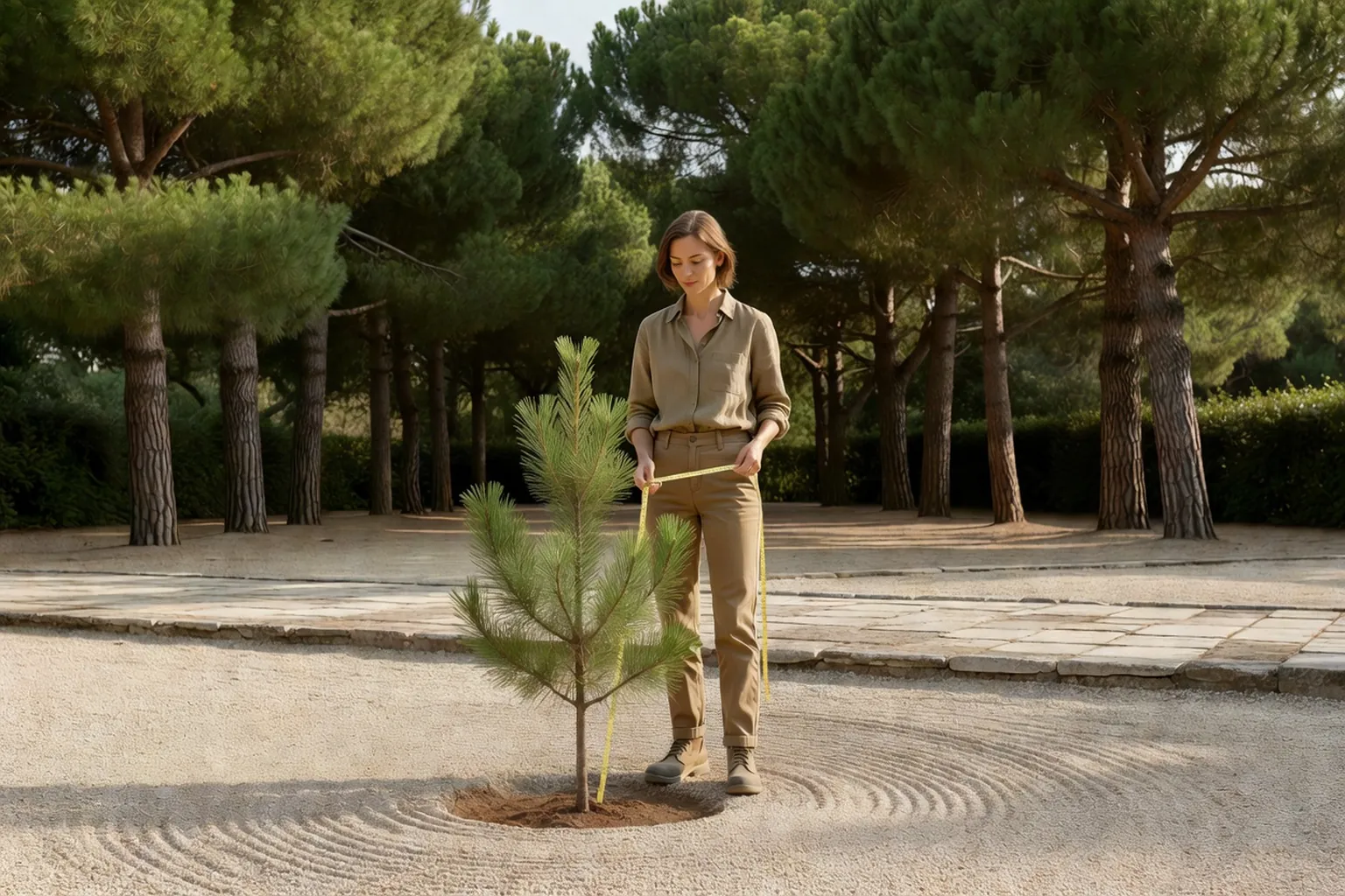 Une jardinière en tenue soignée observe un jeune pin et mesure l'espace disponible dans un jardin français.