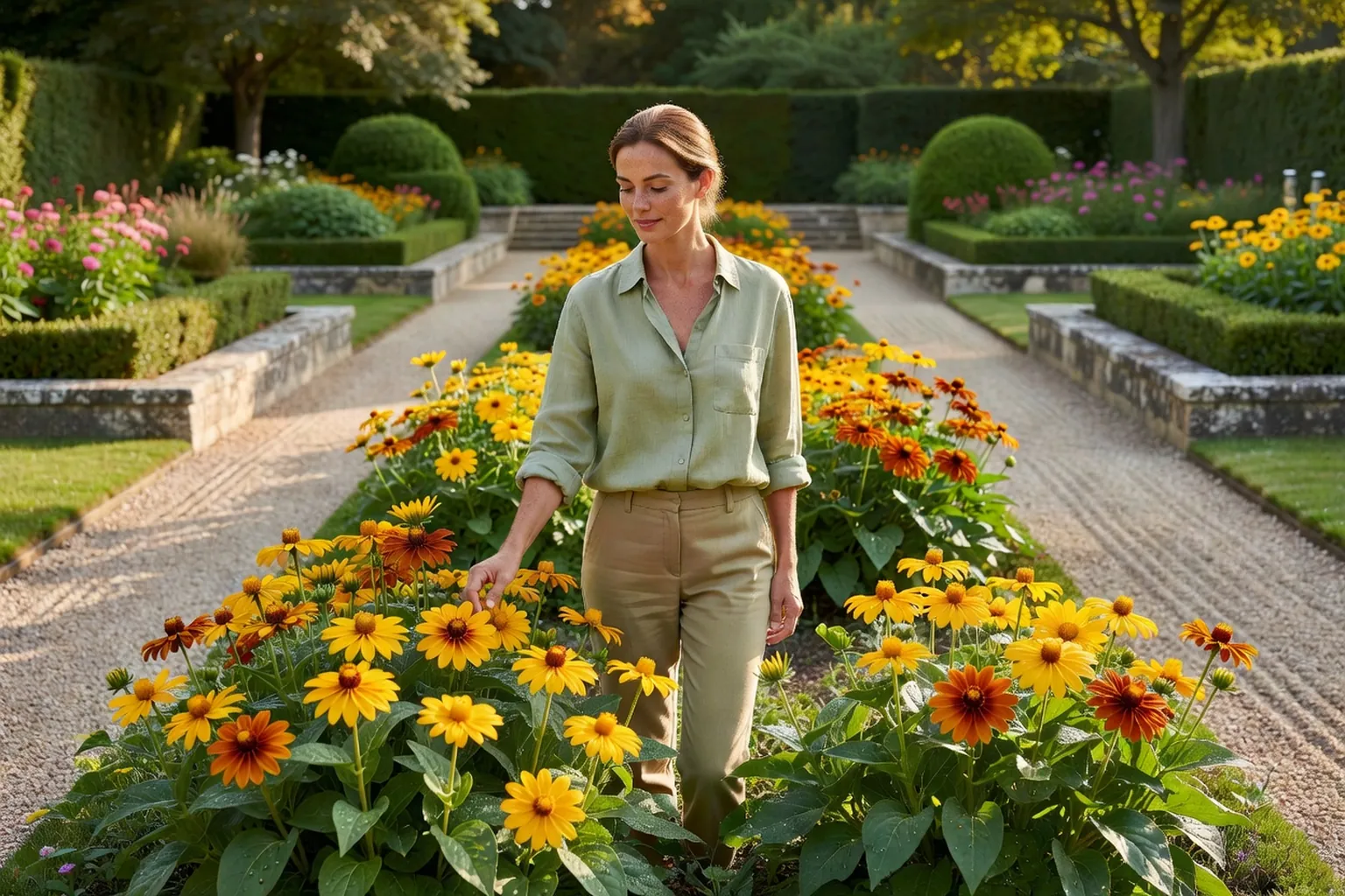 Une jardinière élégante observe des rudbeckias jaunes et cuivrés dans un massif ensoleillé d'un jardin français.