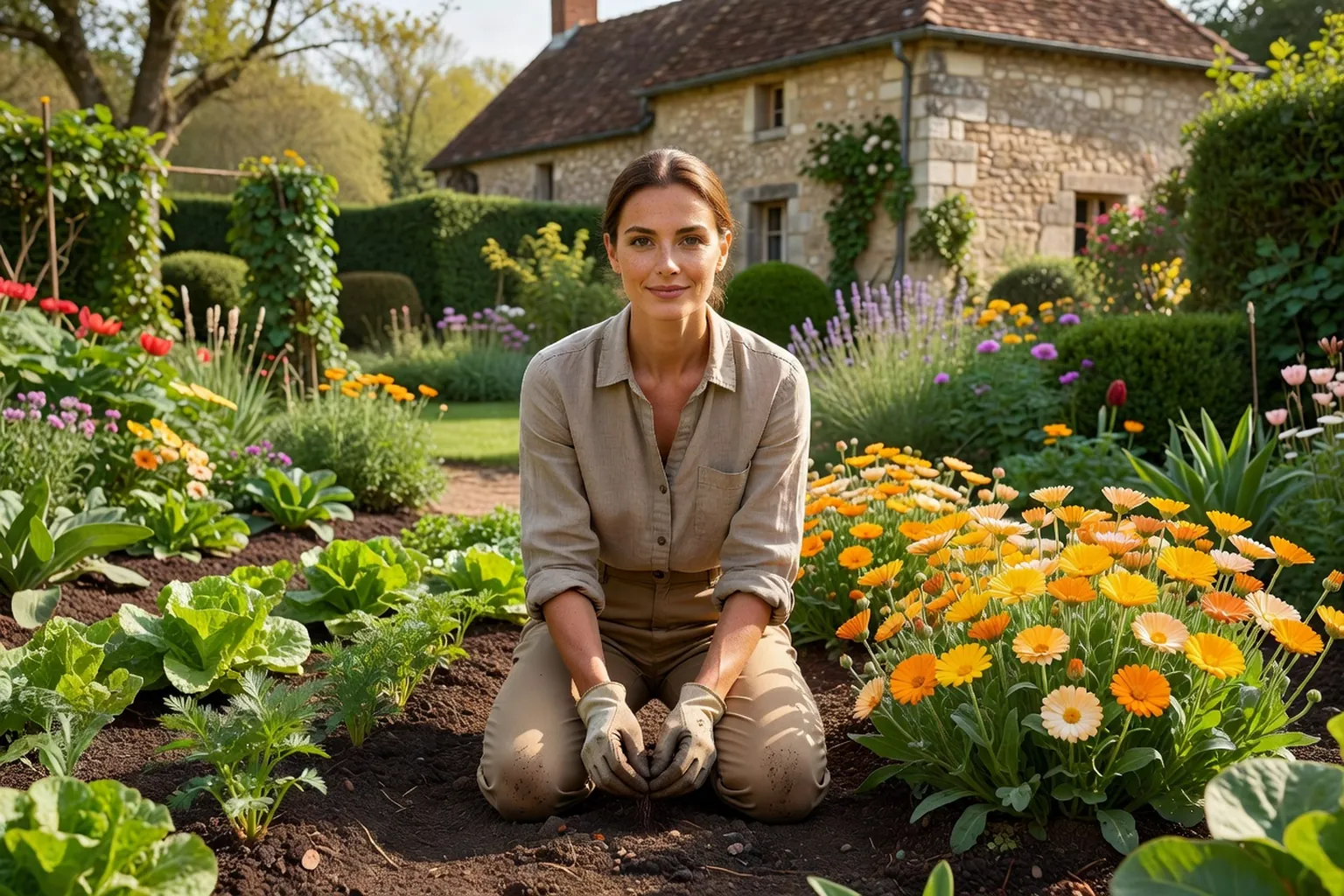 Une jardinière sème des graines de souci officinal dans une bordure ensoleillée près d'un potager.