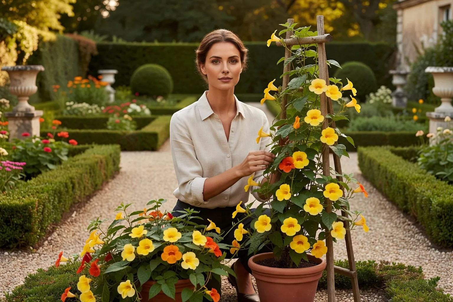 Une jardinière guide les tiges fleuries d'un thunbergia sur un petit treillage, près d'un pot en terre cuite dans un jardin français.