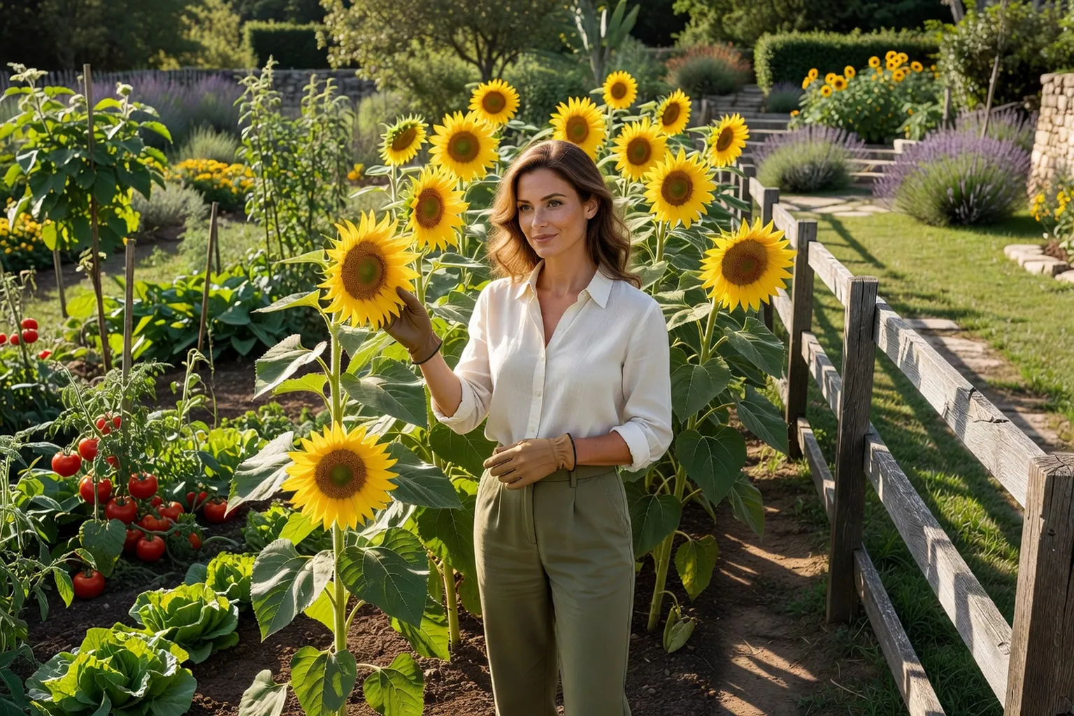 Femme adulte en tenue de jardinage soignée observant des tournesols en fleurs près d'un potager dans un jardin français ensoleillé.