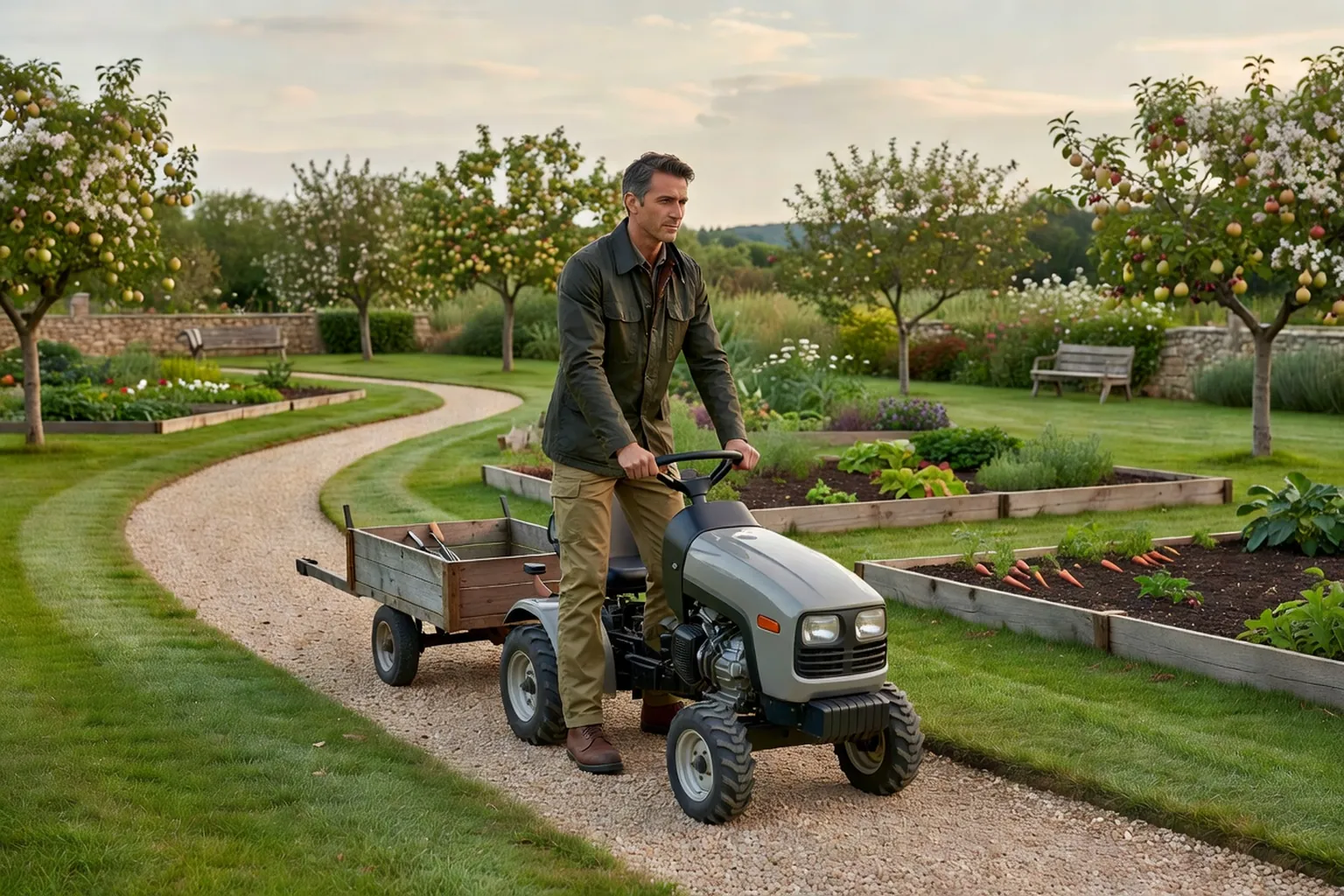Un homme en tenue de jardinage soignée conduit un micro-tracteur compact avec une petite remorque sur une allée gravillonnée d'un jardin français.