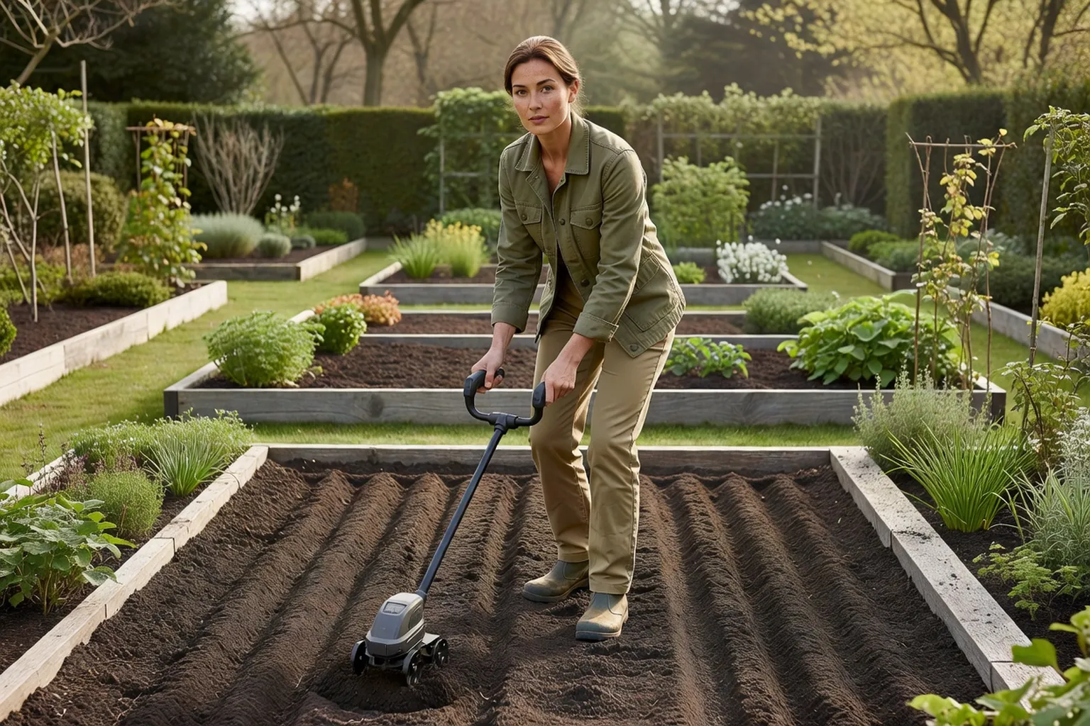 Une femme en tenue de jardinage soignée utilise une motobineuse électrique sans fil sur une planche de potager dans un jardin français.