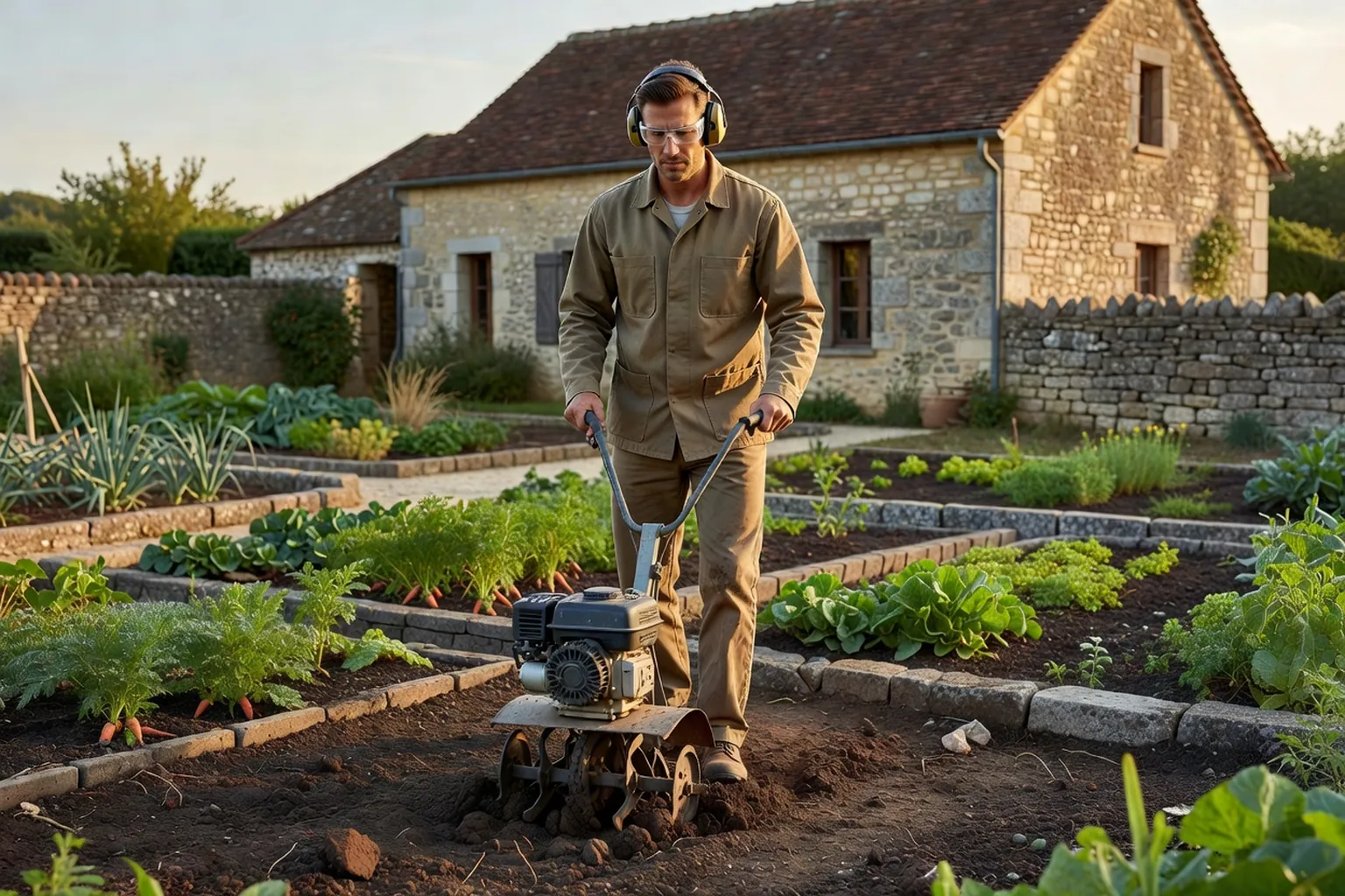 Un homme équipé de lunettes et d'une protection auditive guide une motobineuse thermique dans un potager français dégagé.