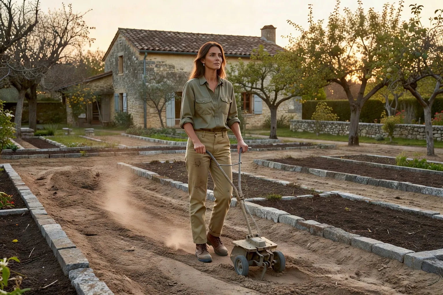 Une jardinière en tenue soignée guide un motoculteur sur une parcelle de potager ressuyée dans un jardin français.