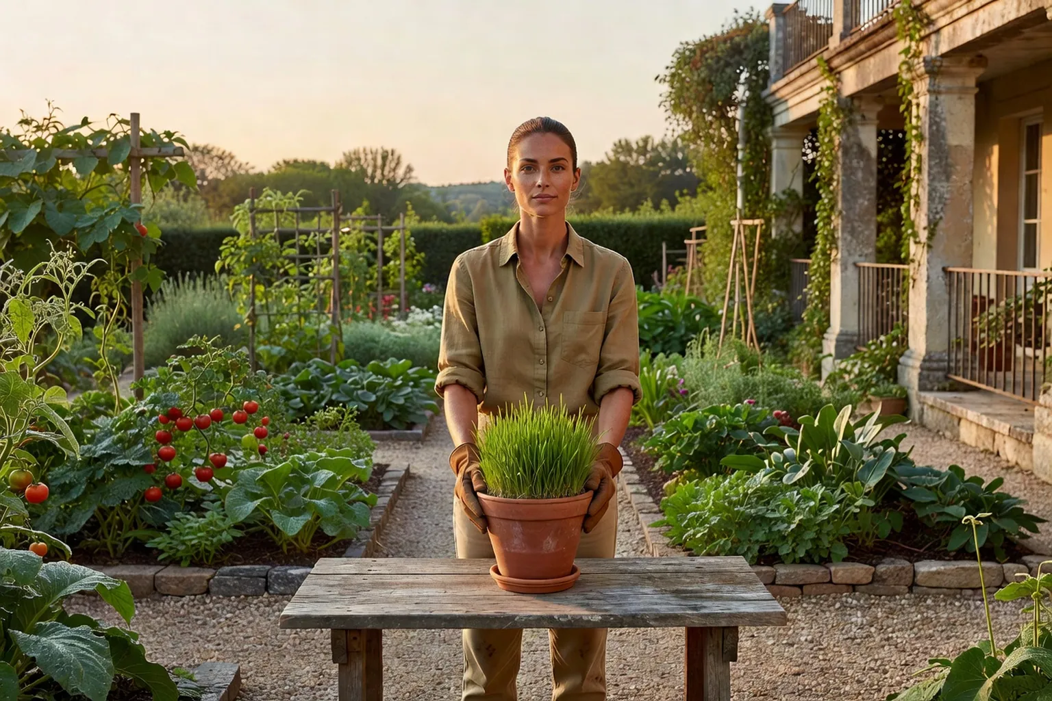 Une femme adulte en tenue de jardinage soignée installe un pot stable de jeunes pousses d'herbe à chat dans un jardin français lumineux.