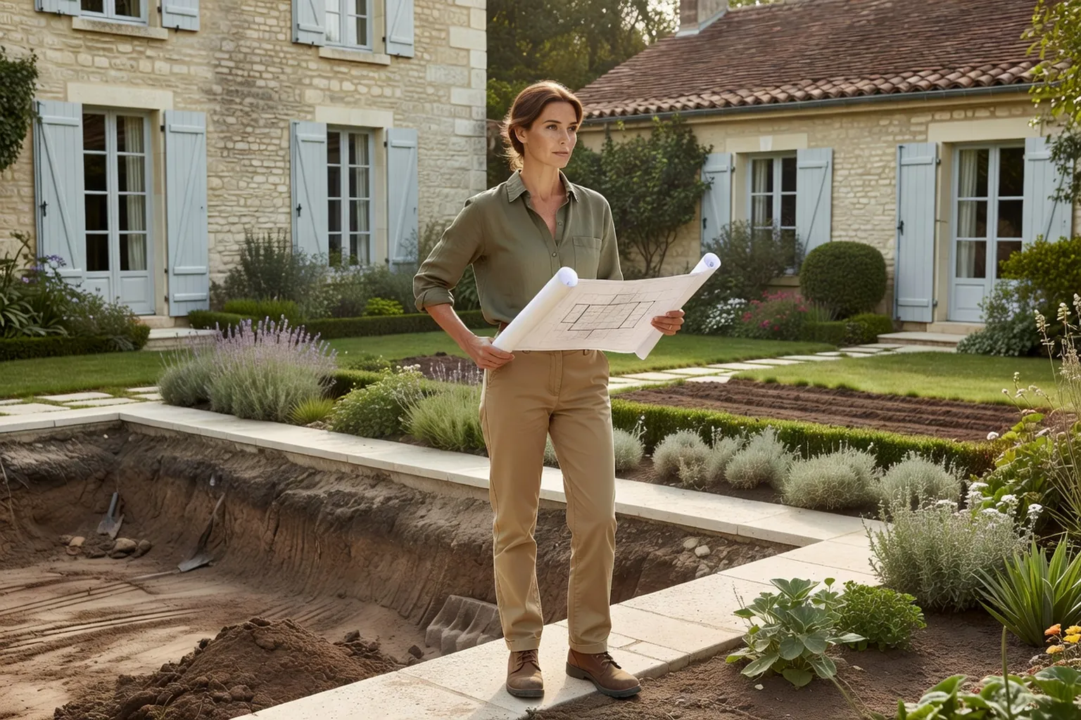 Femme adulte élégante examinant le projet d'une piscine enterrée dans un jardin français, près d'une zone de terrassement.