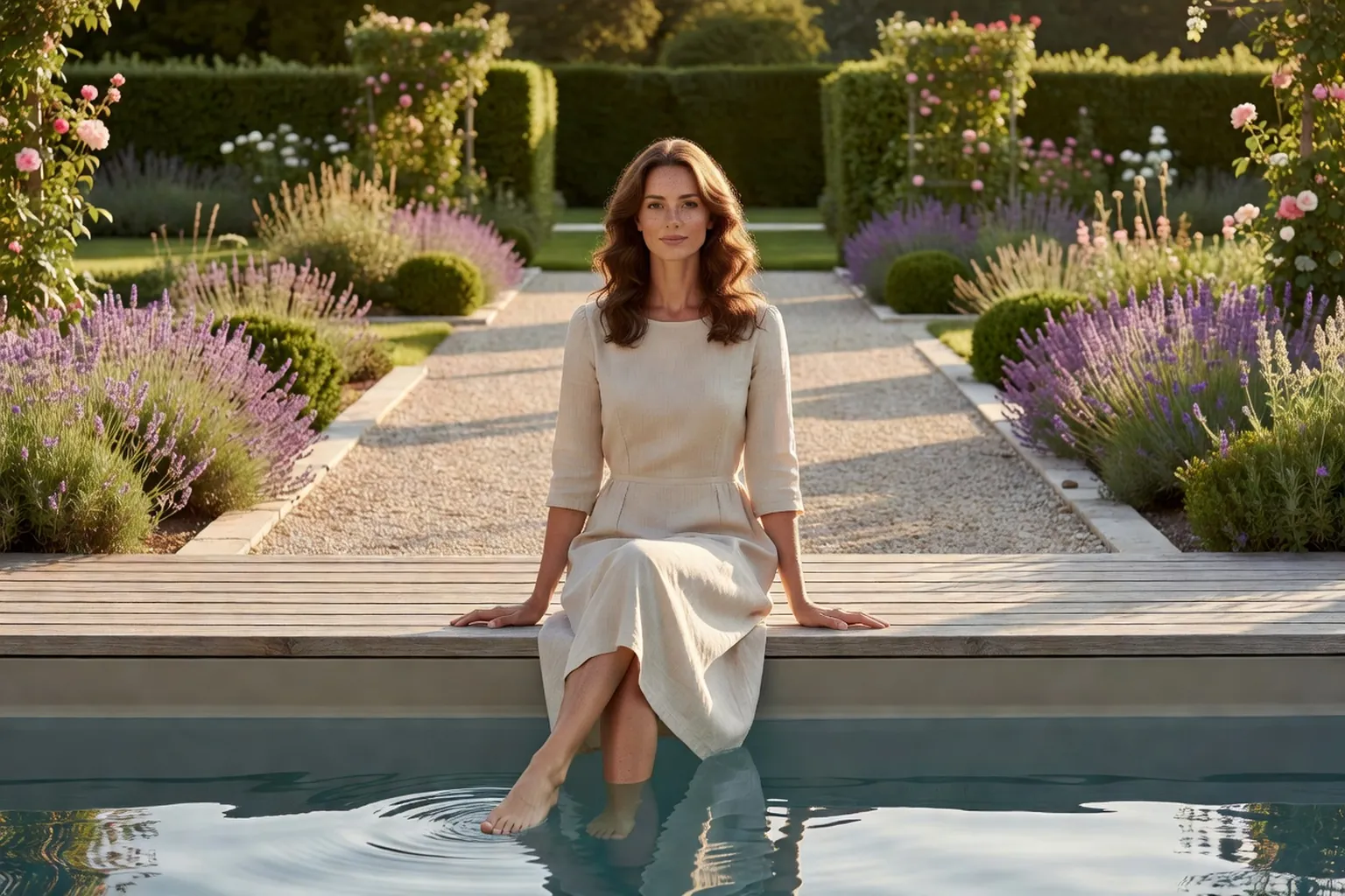 Femme élégante en maillot une-pièce sobre, assise au bord d'une piscine hors-sol à structure bois dans un jardin français, les pieds dans l'eau claire, par une belle fin de journée.