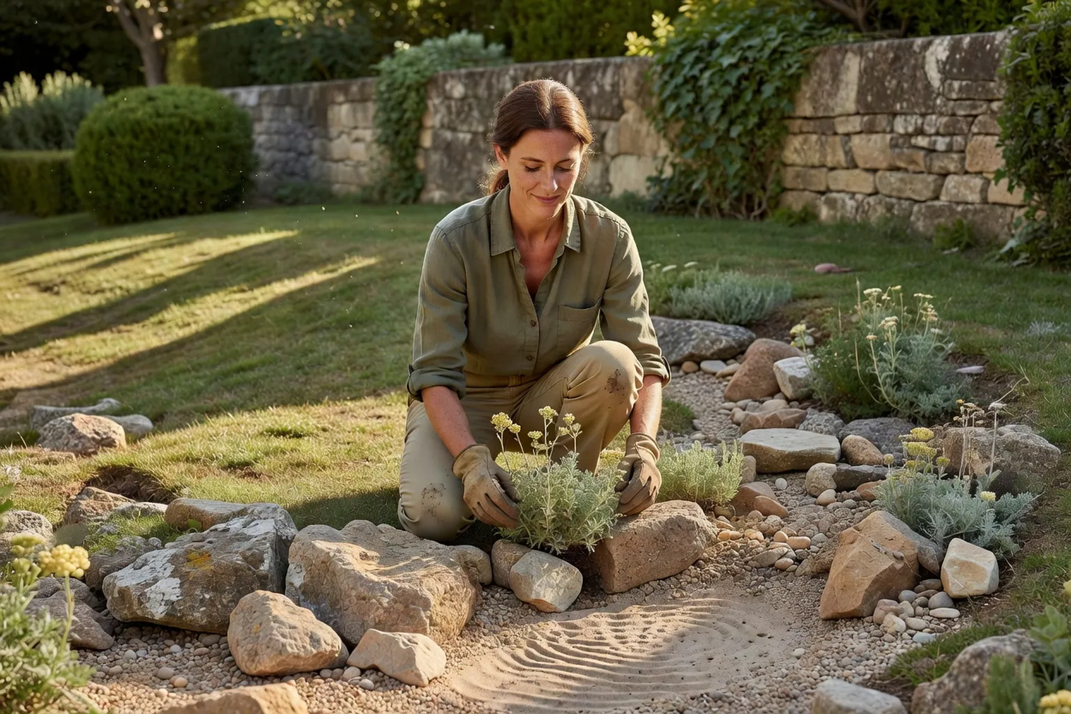 Une jardinière agenouillée plante une petite vivace entre des pierres calées dans une rocaille ensoleillée.