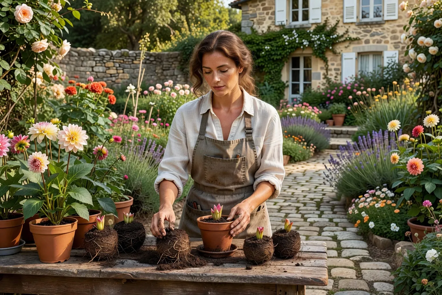 Massif fleuri avec vivaces, arbustes et paillage dans un jardin ensoleillé