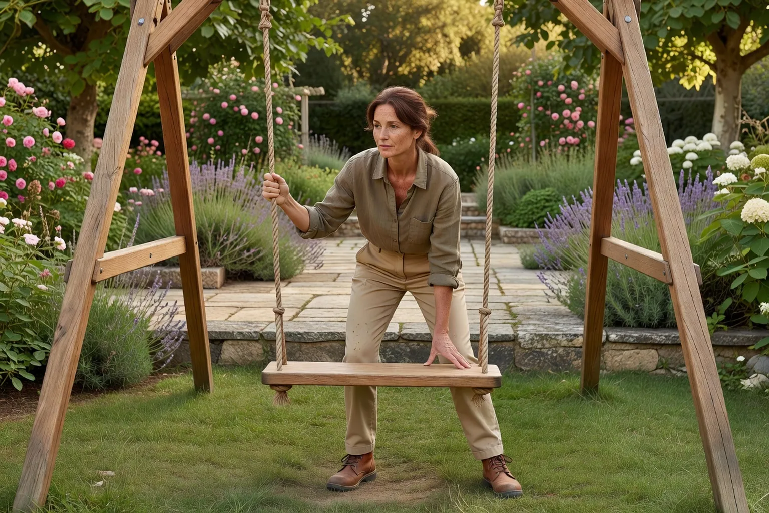 Une femme en tenue de jardinage soignée vérifie un portique en bois dans un jardin français, près d'une terrasse et d'une aire de jeu dégagée.