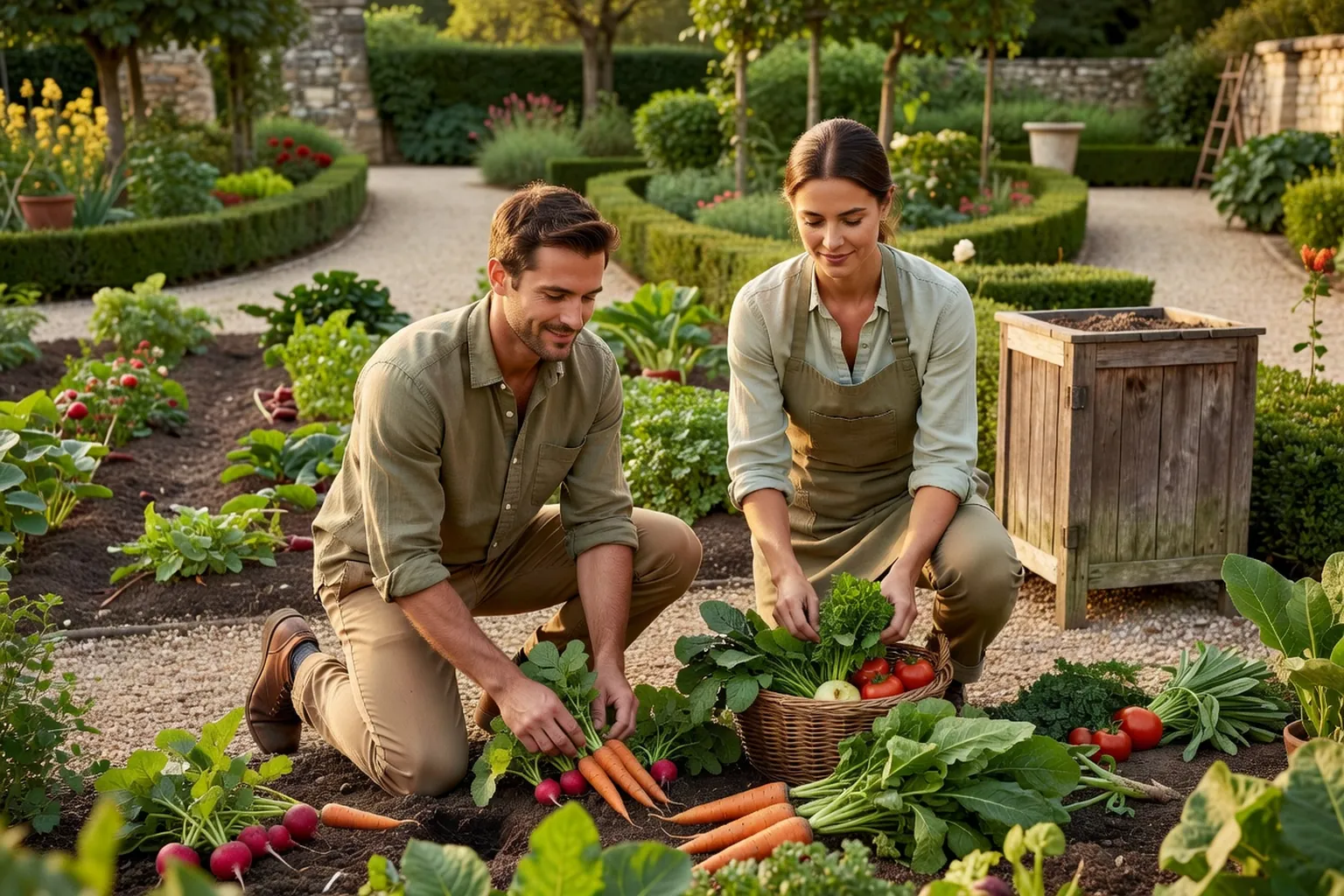 Potager en pleine terre avec rangs de légumes, paillage et composteur en bois